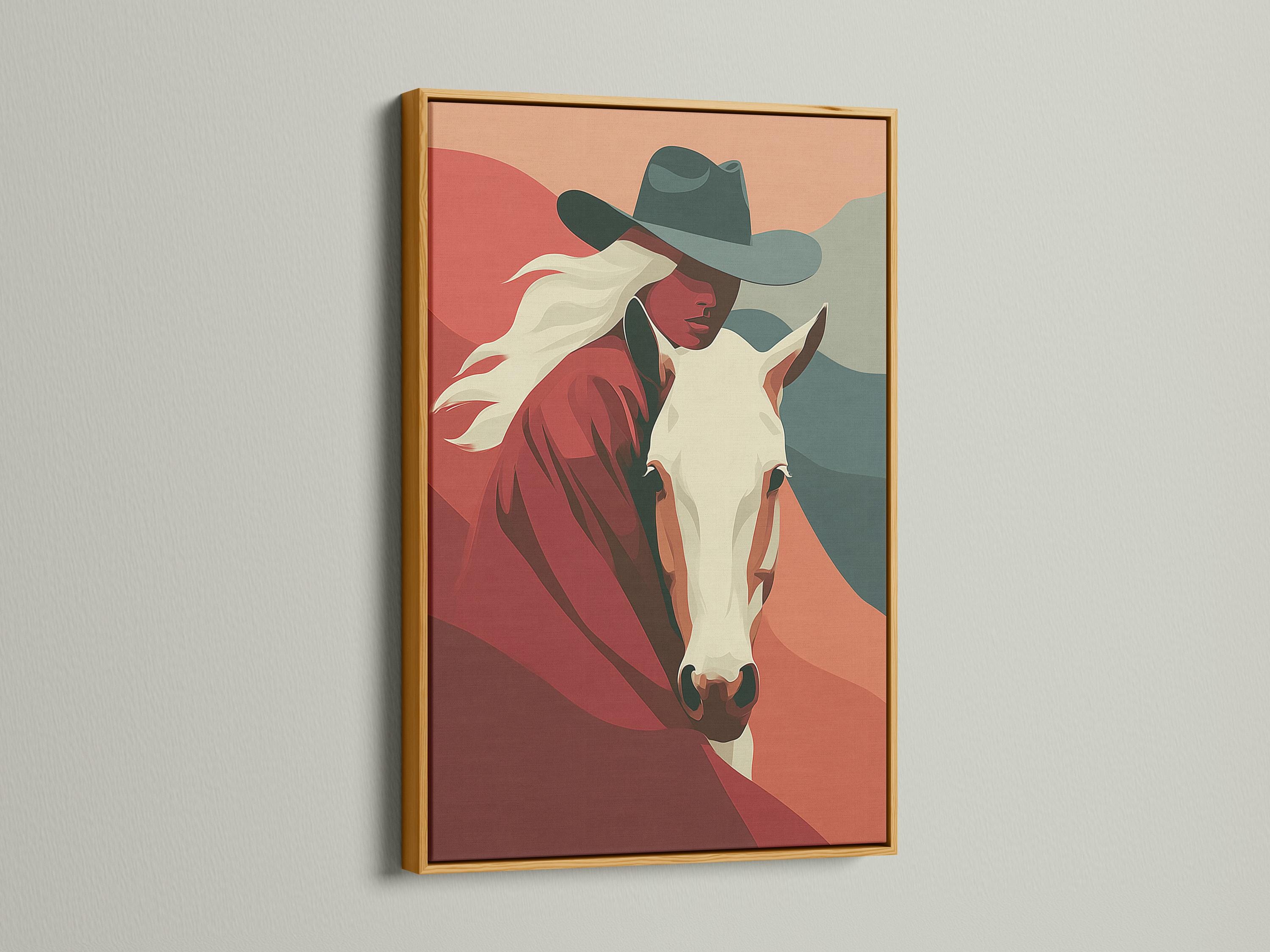 Stylised cowgirl and horse portrait with terracotta and red tones and muted teal accents detail view