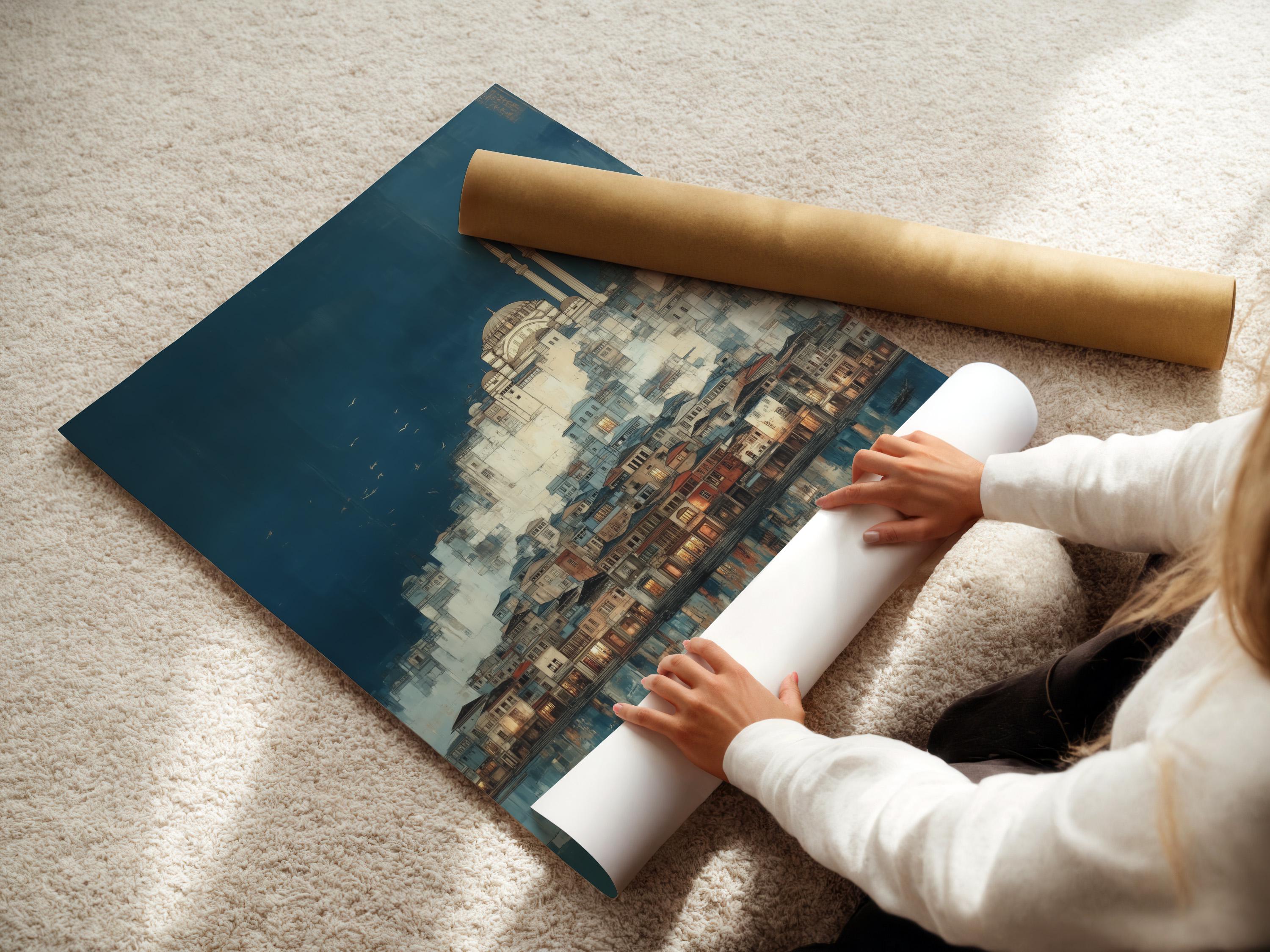Room mockup with a framed blue cityscape mosque artwork on a wall