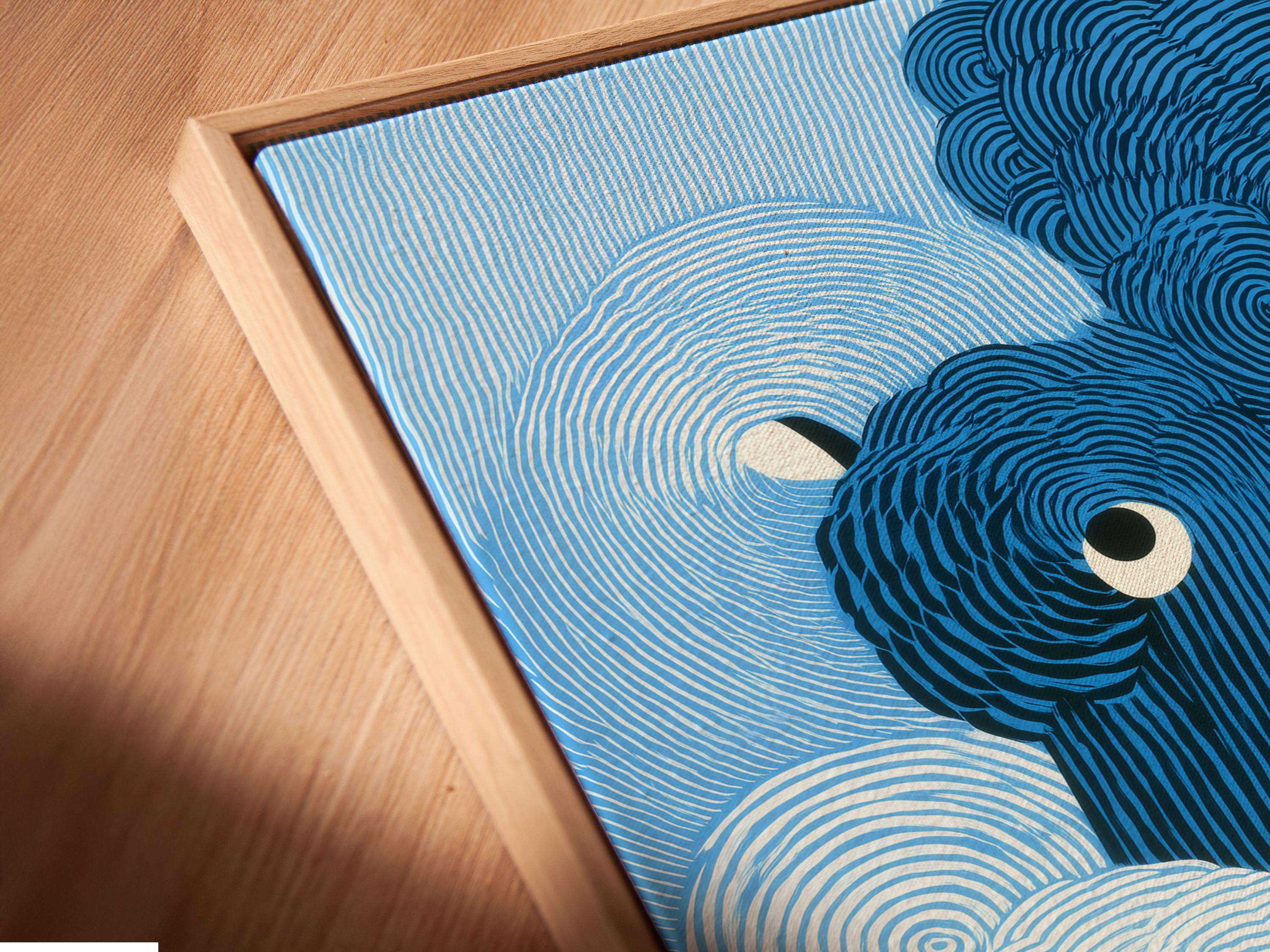 A blue animal portrait style artwork features overlapping rounded forms with spiralling contour lines and large cartoon eyes detail view