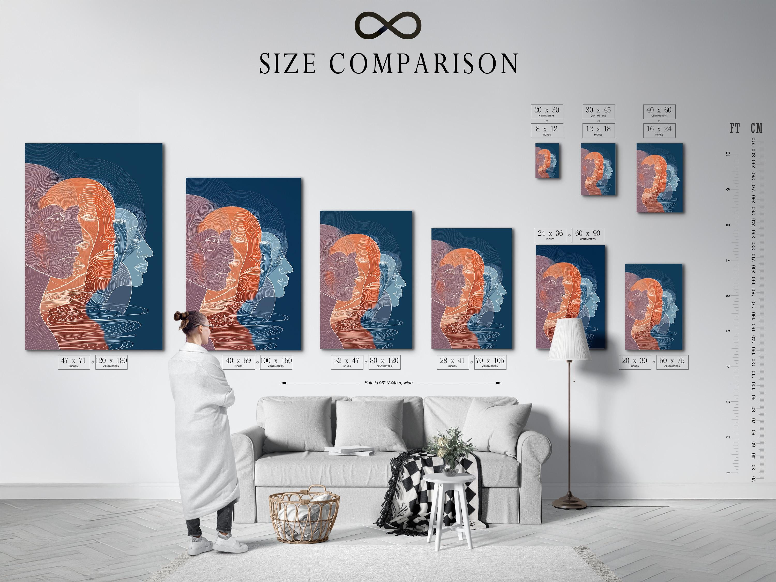 Room mockup showing an abstract faces wall artwork with indigo-blue and coral line profiles