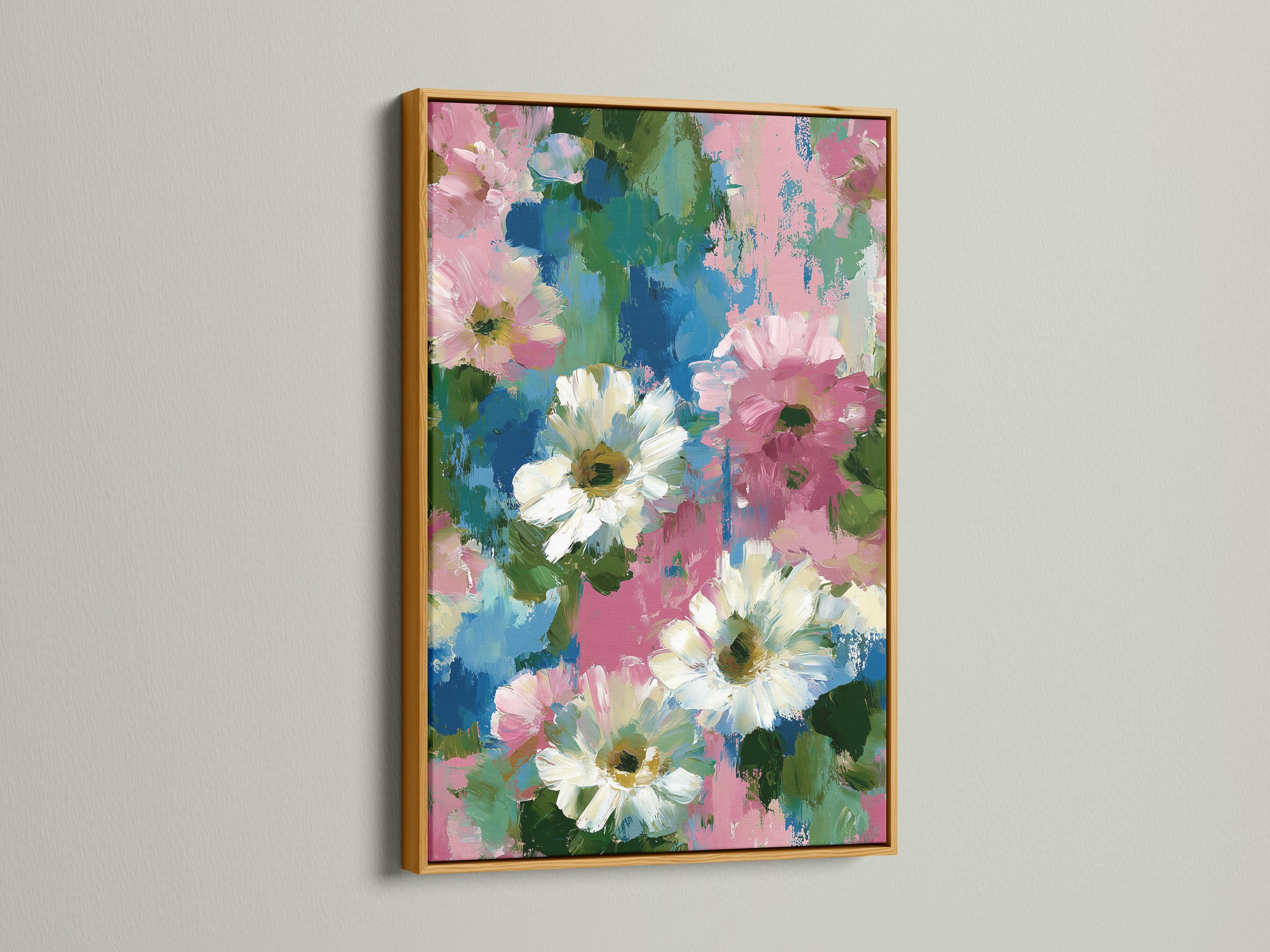Room mockup showing a framed floral artwork with pink, white, teal and green brush textures