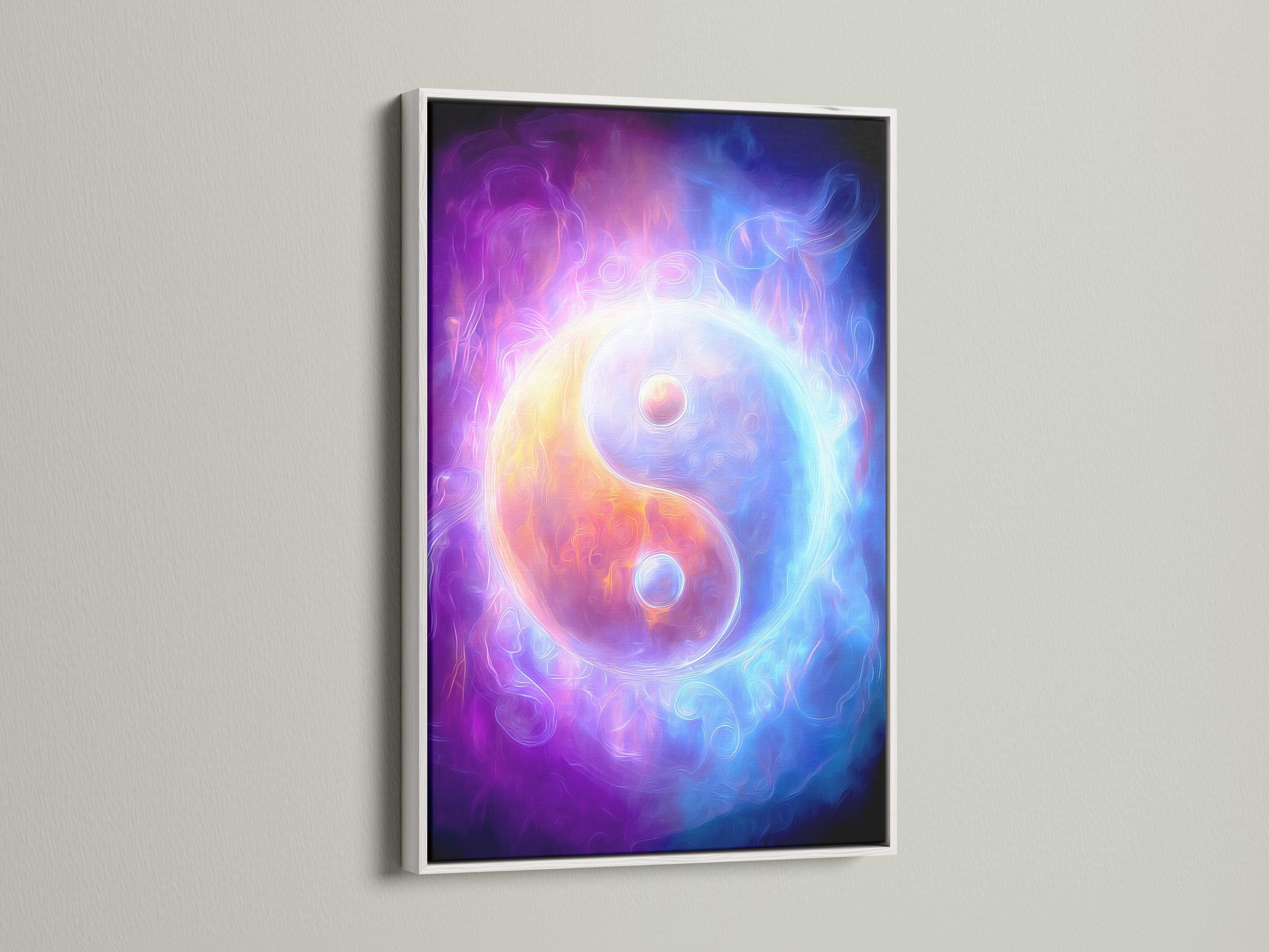 Portrait artwork of an abstract yin-yang inspired design in purple and blue shown in a room mockup