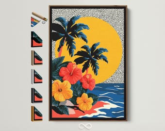 Tropical Beach Canvas Art - Palm Trees & Hibiscus, Coastal Wall Decor, Modern Island Artwork for Living Room, Gift for Beach Lover