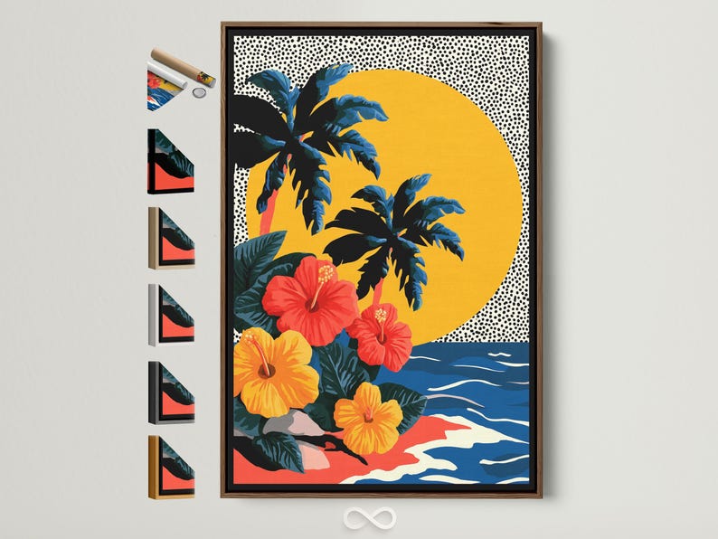 Tropical floral artwork with palm leaves, hibiscus-like flowers, waves and a yellow sun circle
