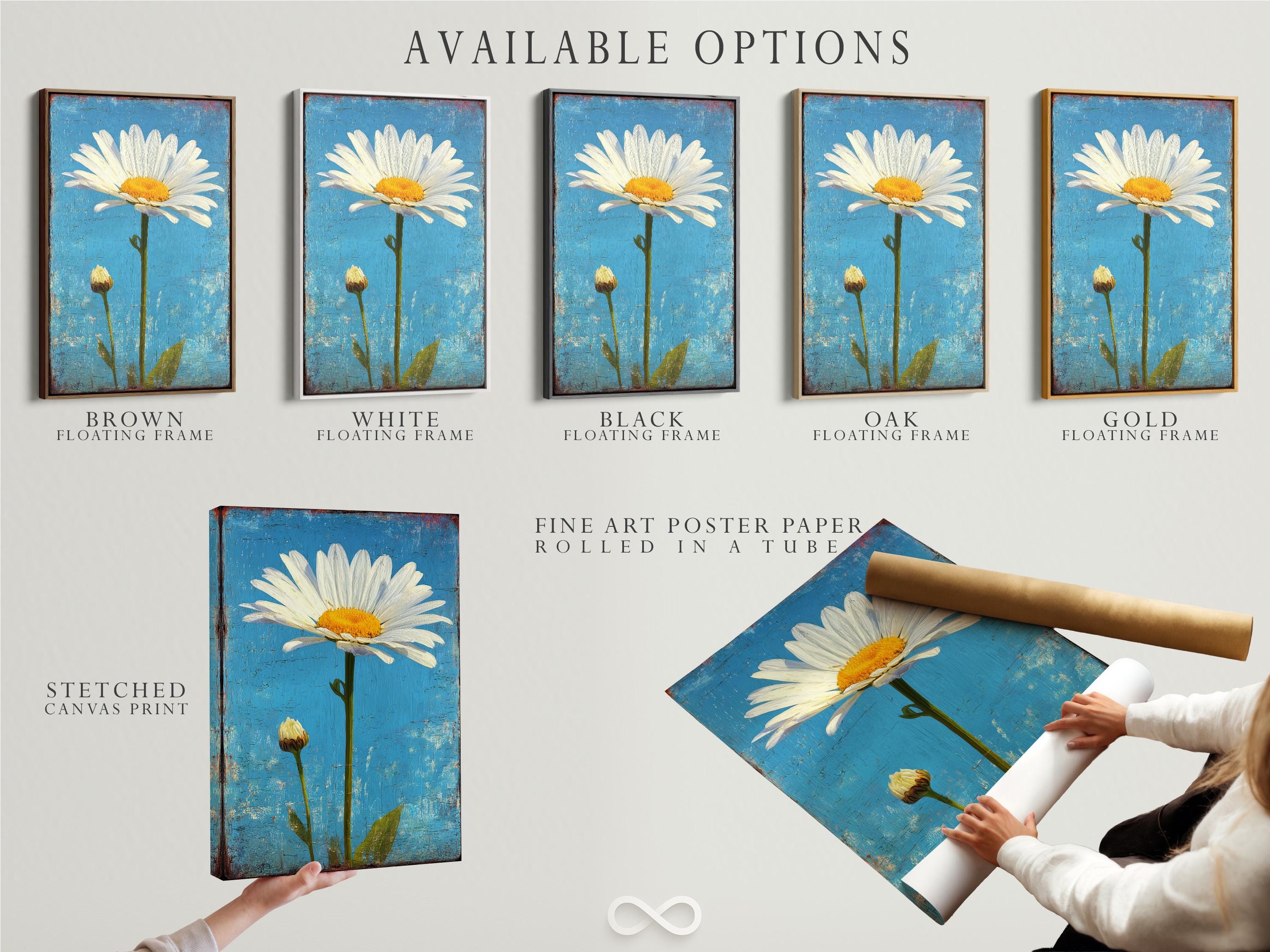 Daisy wall art in a framed mockup on a light background with other frame options