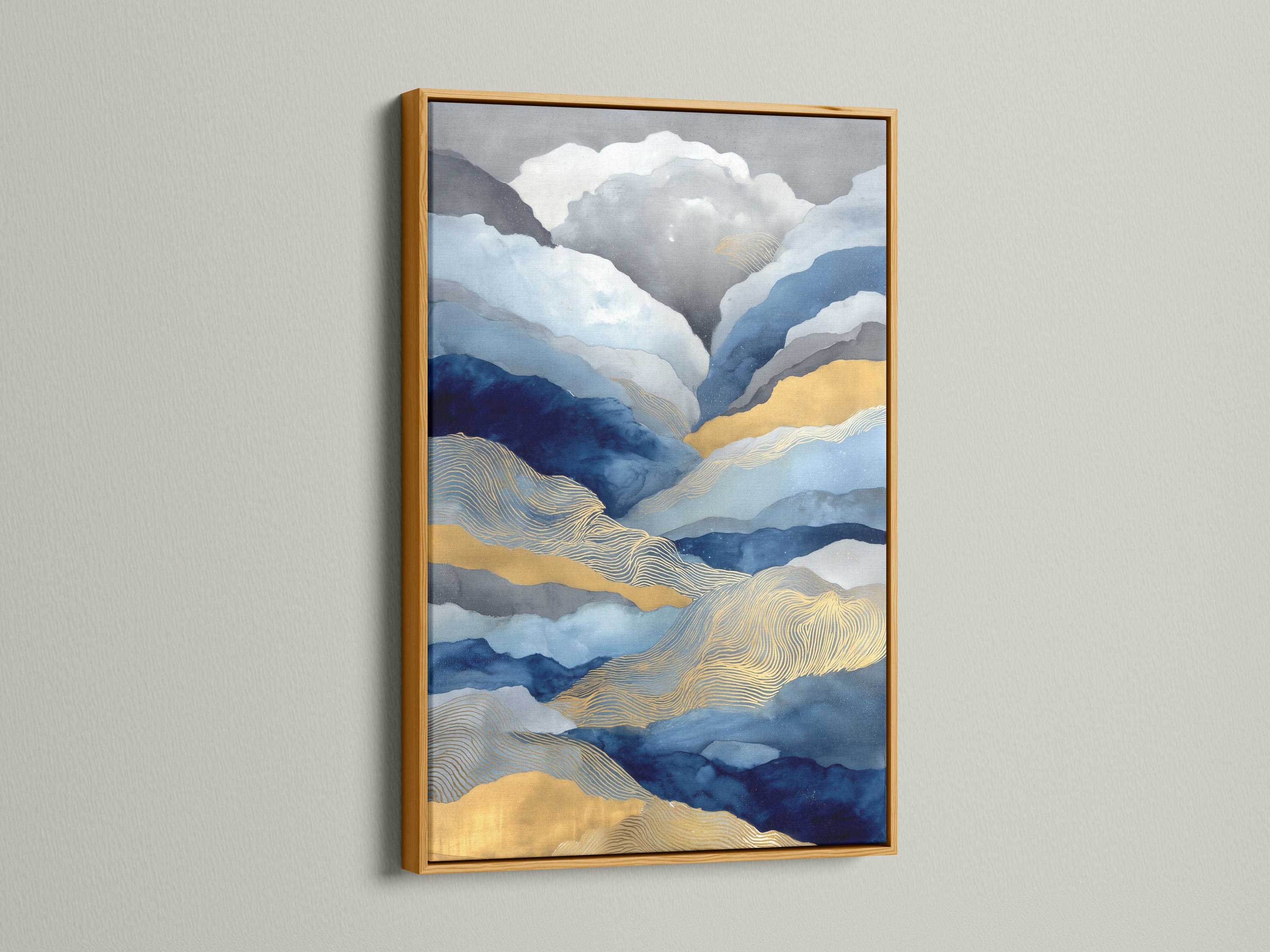 Abstract landscape with layered blue mountains, flowing contour lines, and warm gold highlights detail view
