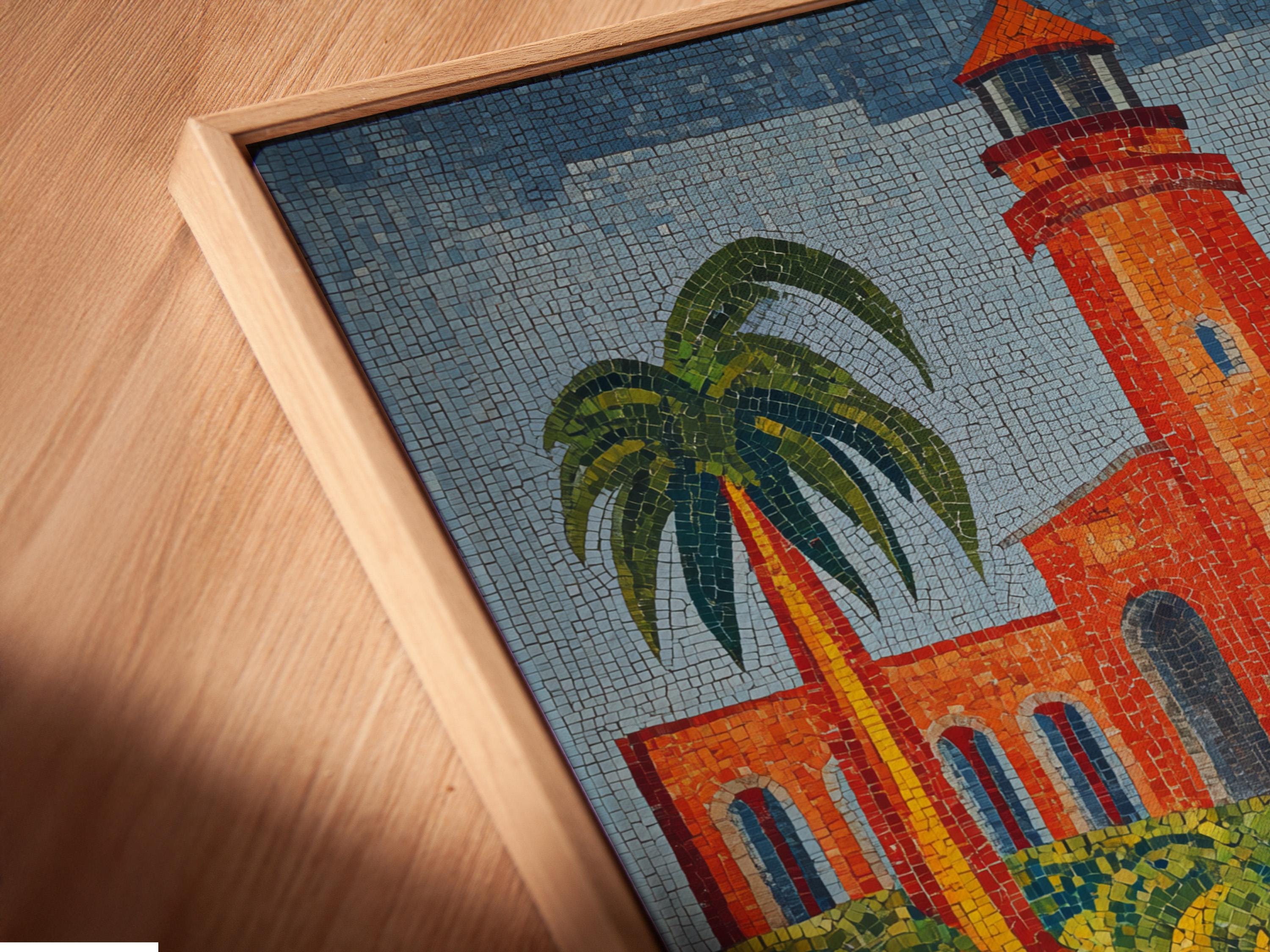 Mosaic lighthouse artwork with palm trees, a lifebuoy and blue wavy sea patterns detail view