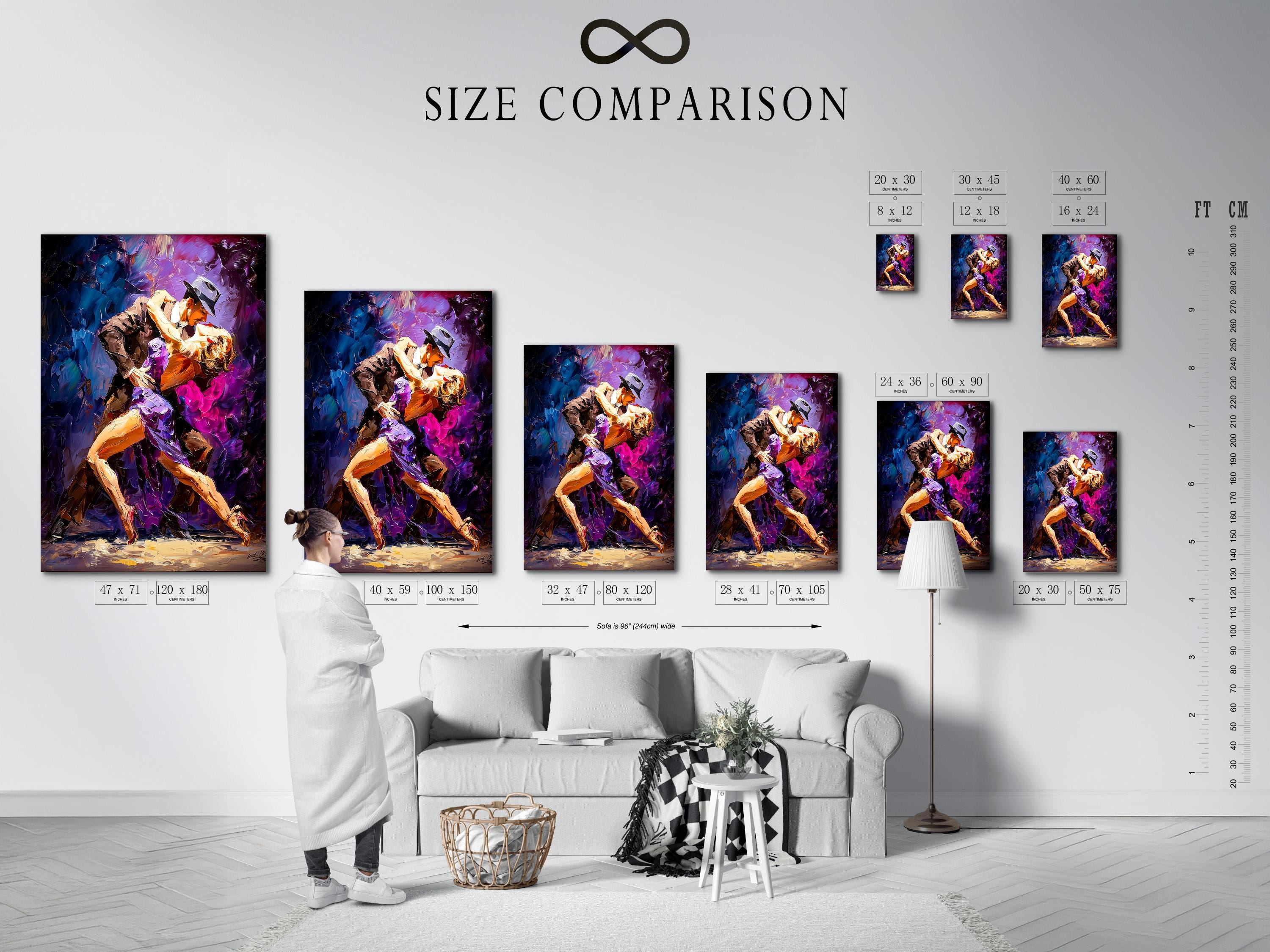 Framed tango dance artwork showing two dancing figures in purple, blue and gold tones detail view