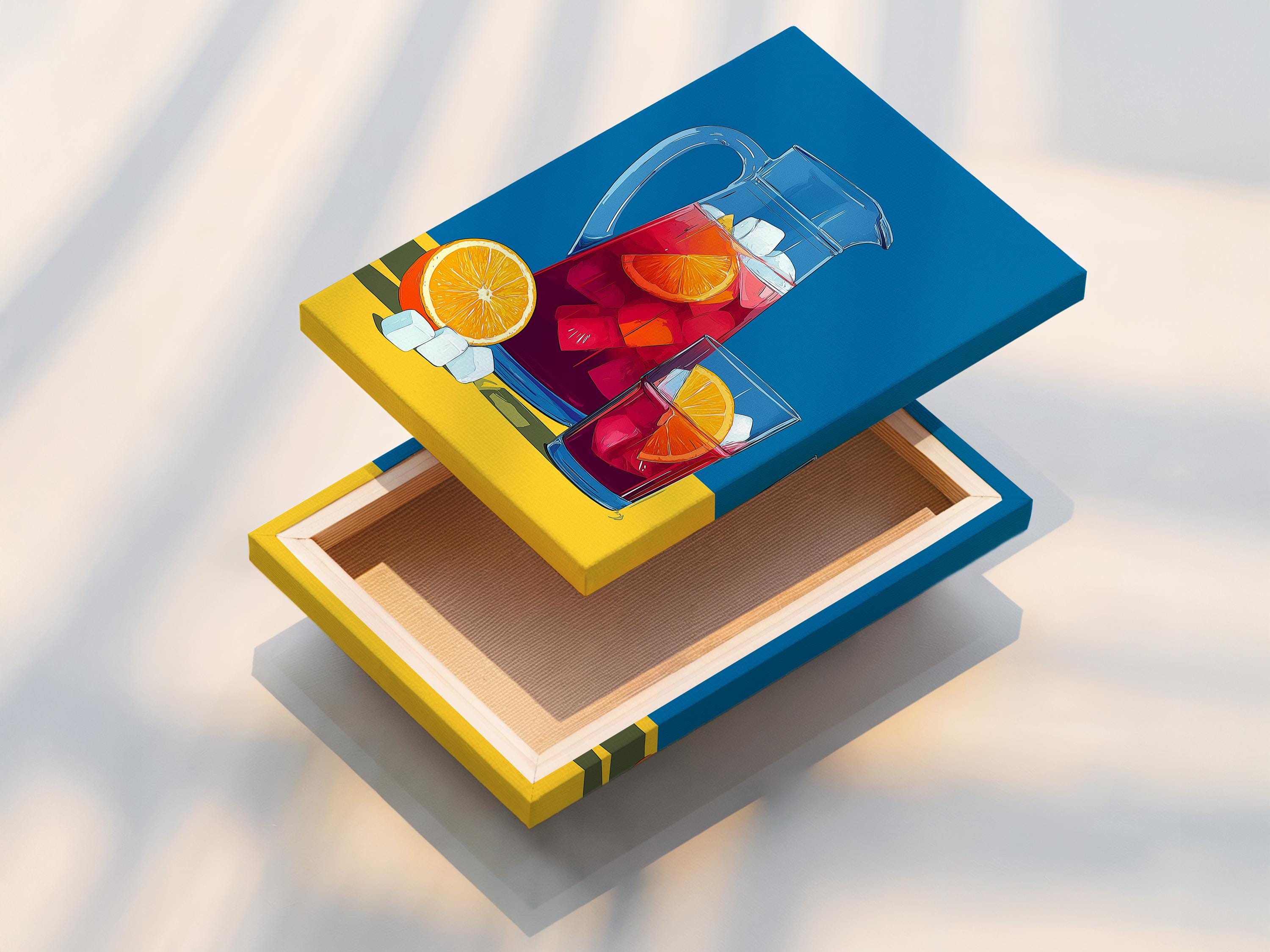 Illustrated still life of a glass pitcher with red drink, ice cubes, and orange citrus slices detail view