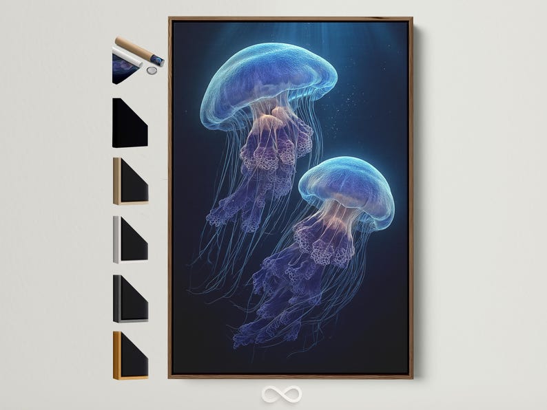 Two glowing jellyfish underwater in pale aqua and lilac against a deep navy blue background