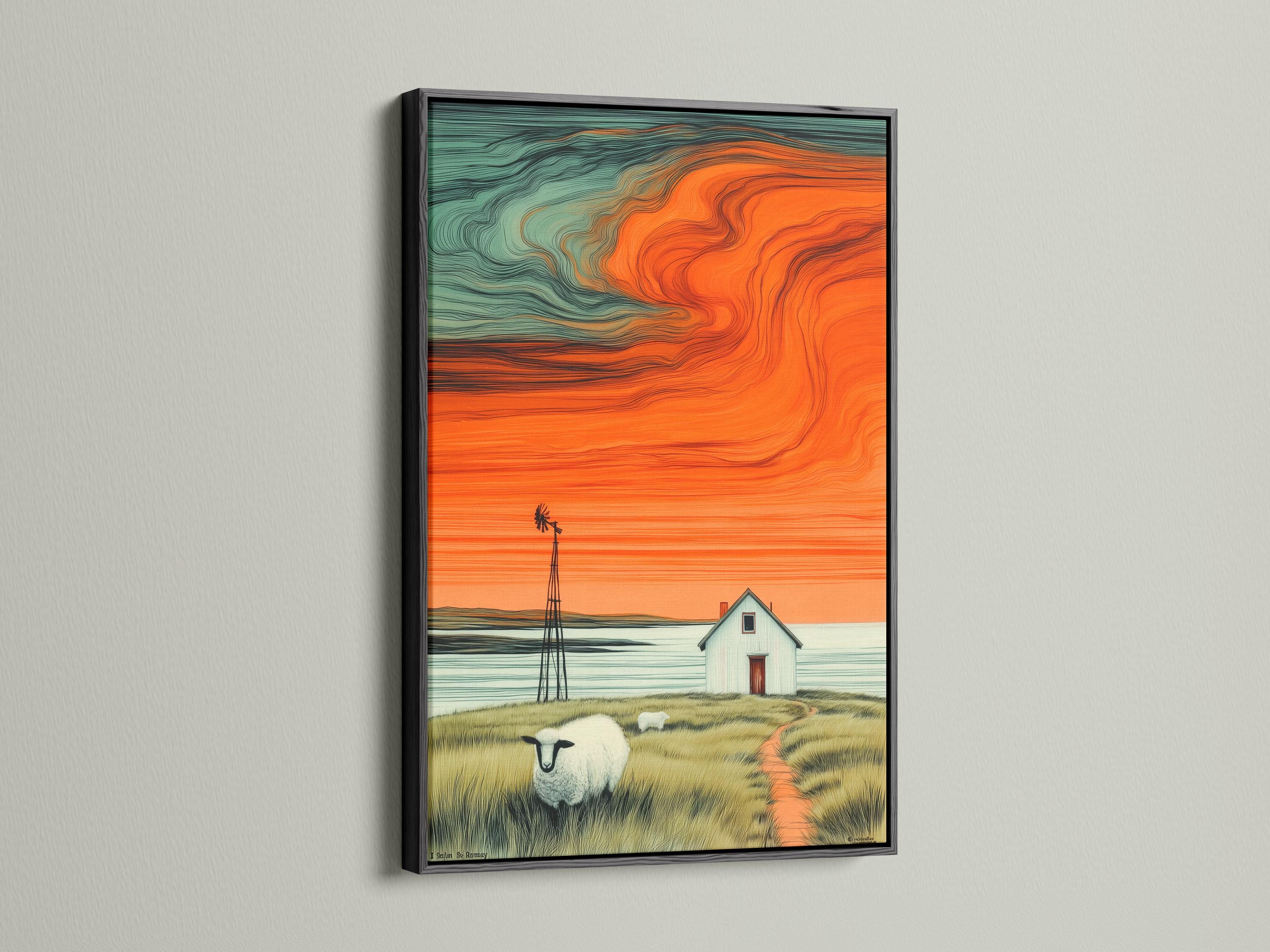Sheep in tall grass in front of a windmill and small house under an orange sunset sky detail view