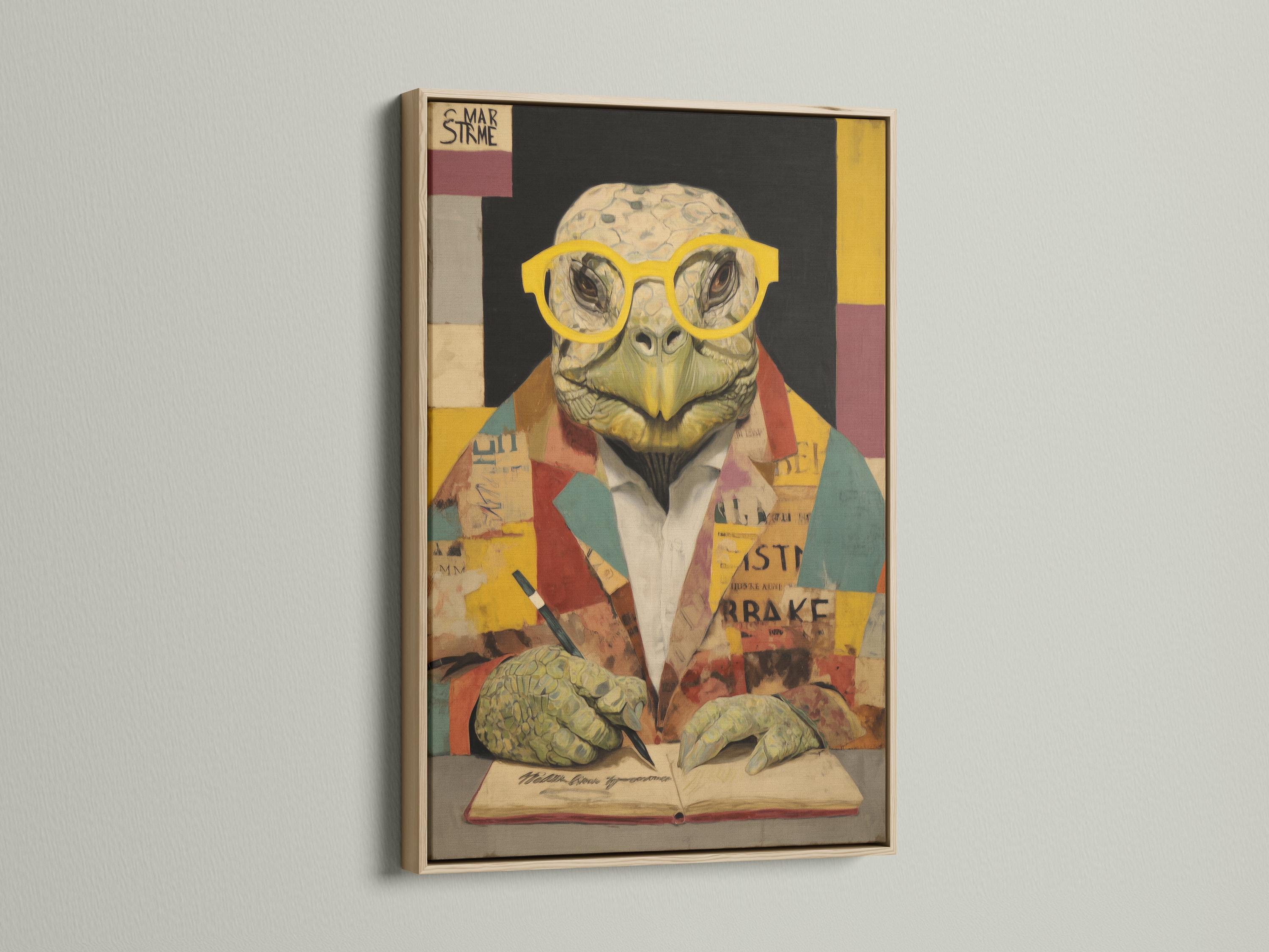 Collage-style turtle wearing yellow round glasses at an open book with patchwork background detail view
