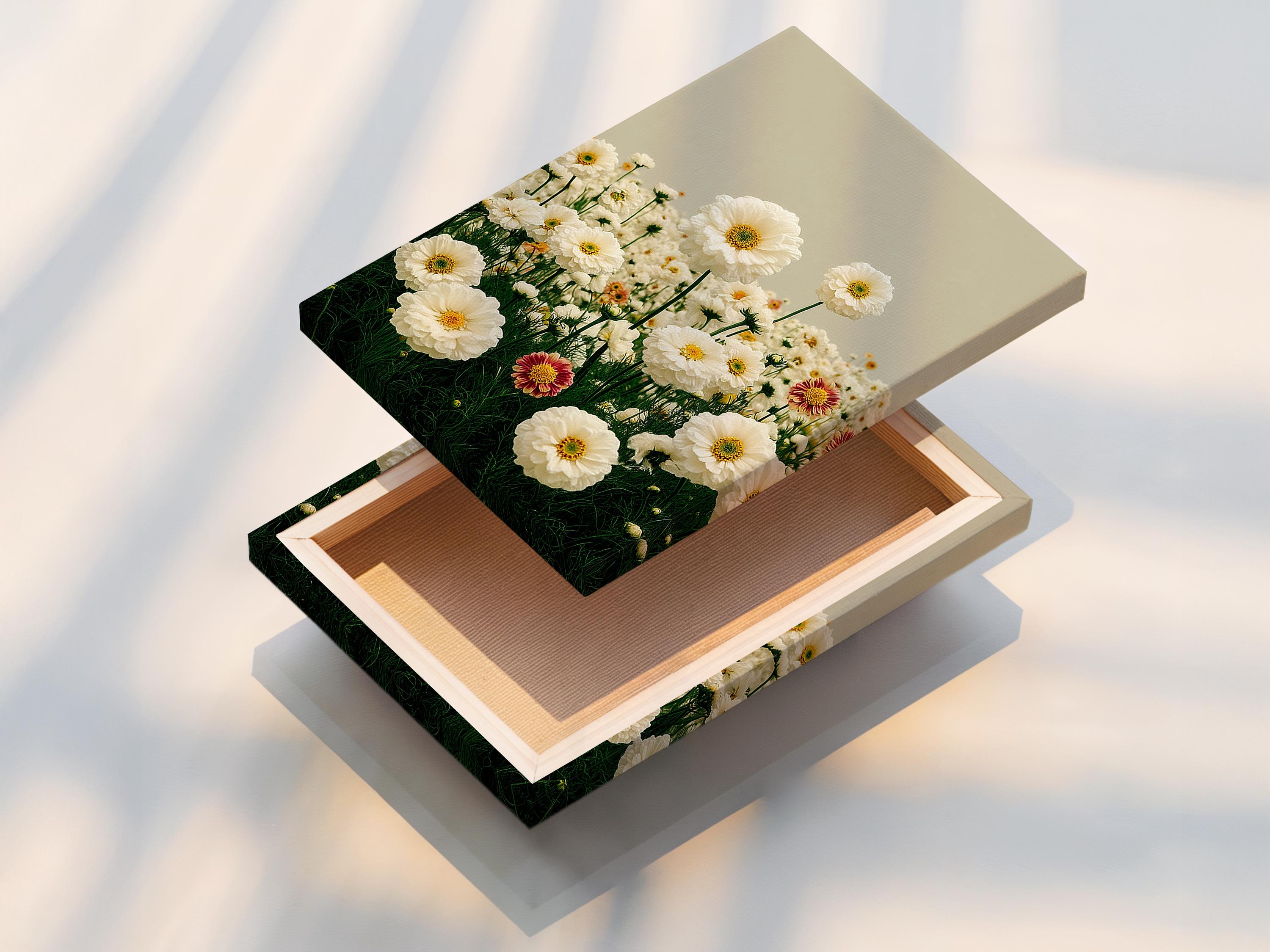 Room mockup showing a person holding flowers beside framed daisy meadow artwork