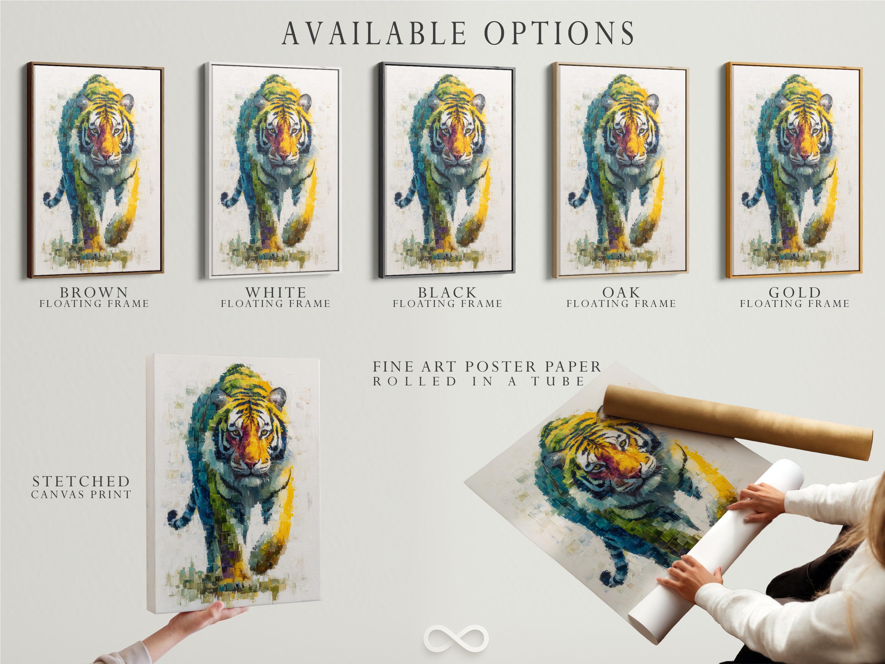 A painterly tiger portrait with layered blue, green and yellow mosaic-like brush strokes detail view