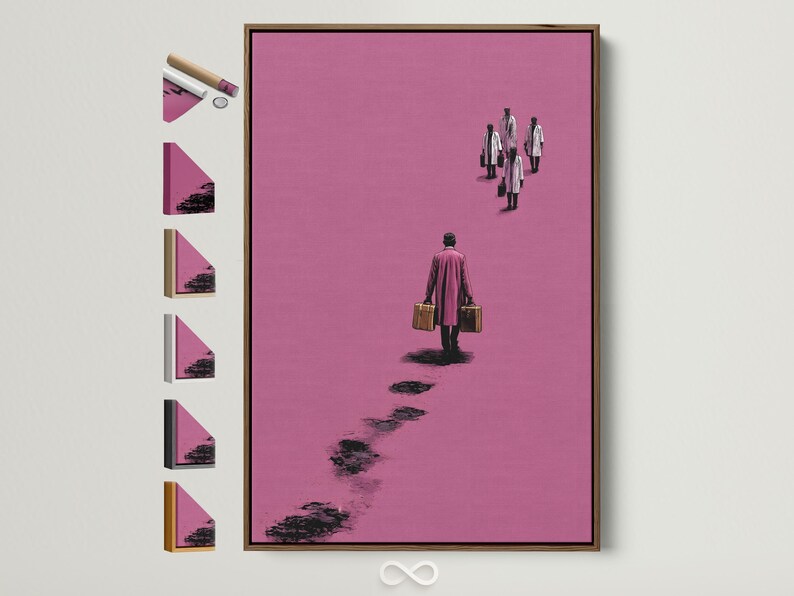 Pink minimalist artwork showing a traveller with briefcases and footprints, with smaller figures in the distance