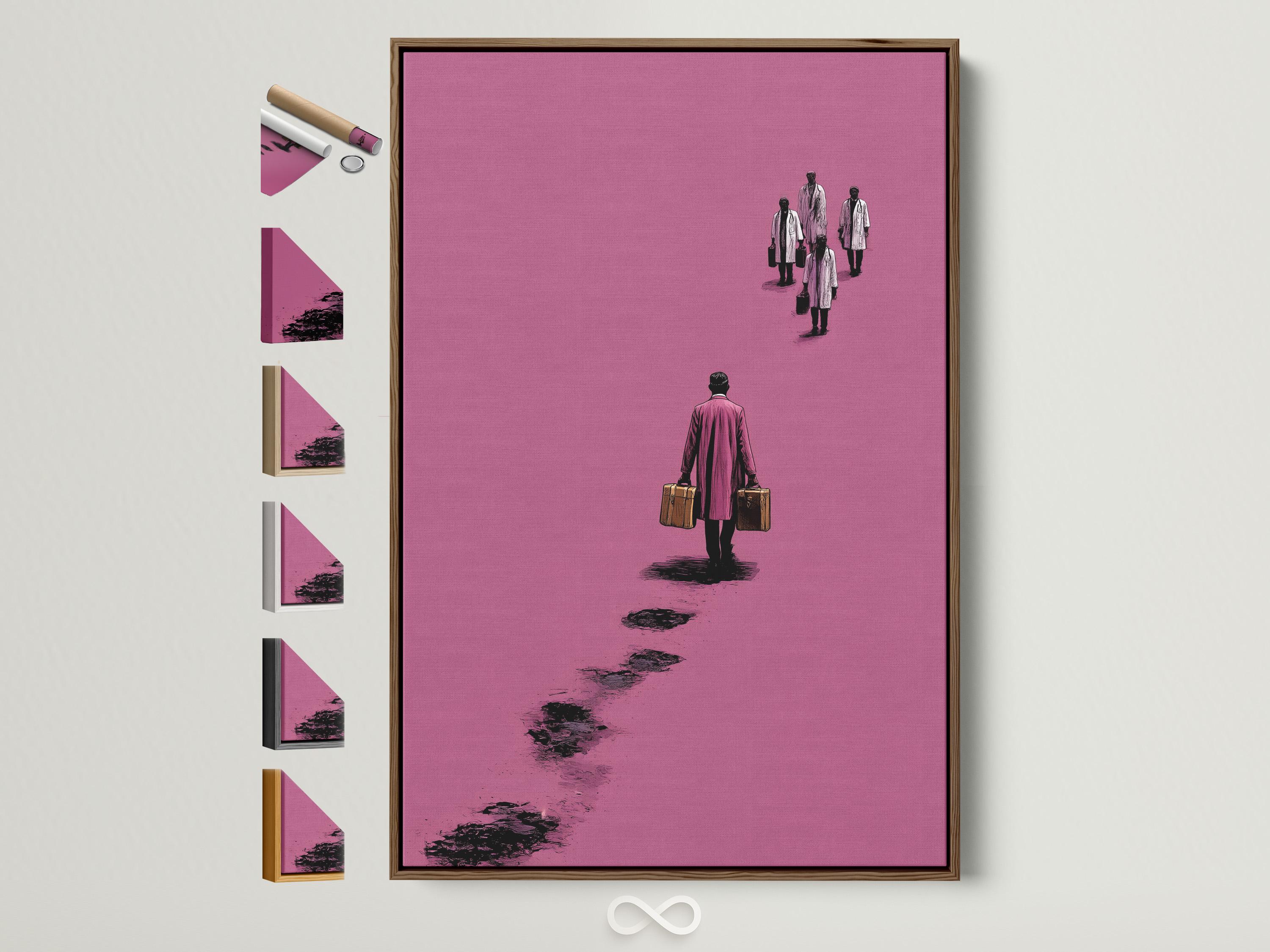 Pink minimalist artwork showing a traveller with briefcases and footprints, with smaller figures in the distance
