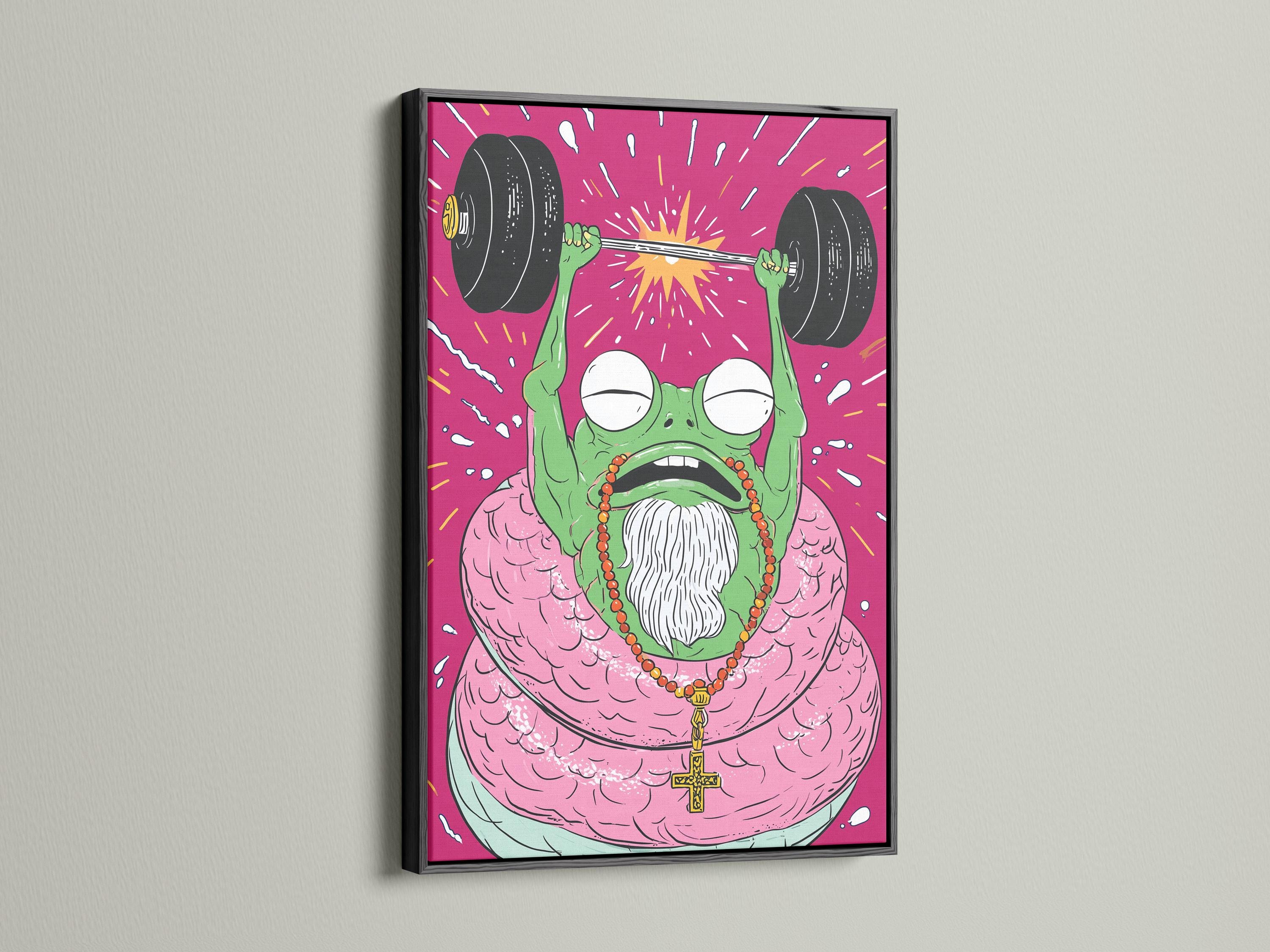 Cartoon frog weightlifter lifting dumbbells in a hot pink burst background detail view