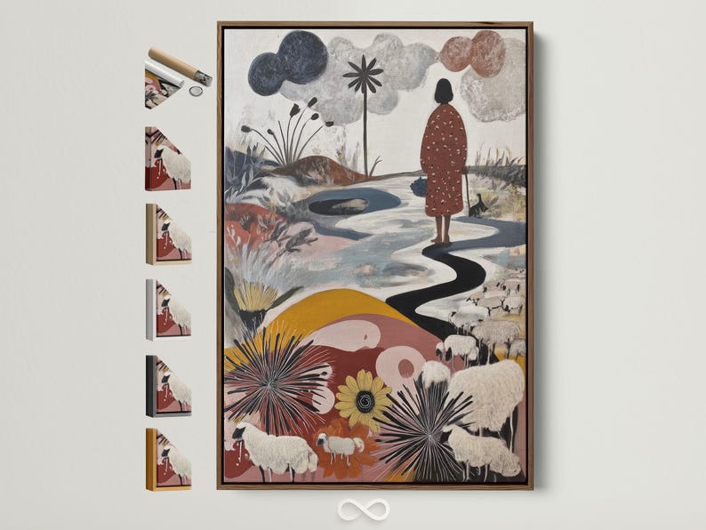 Neutral pastoral artwork with sheep, a standing figure, a winding path and stylised flowers