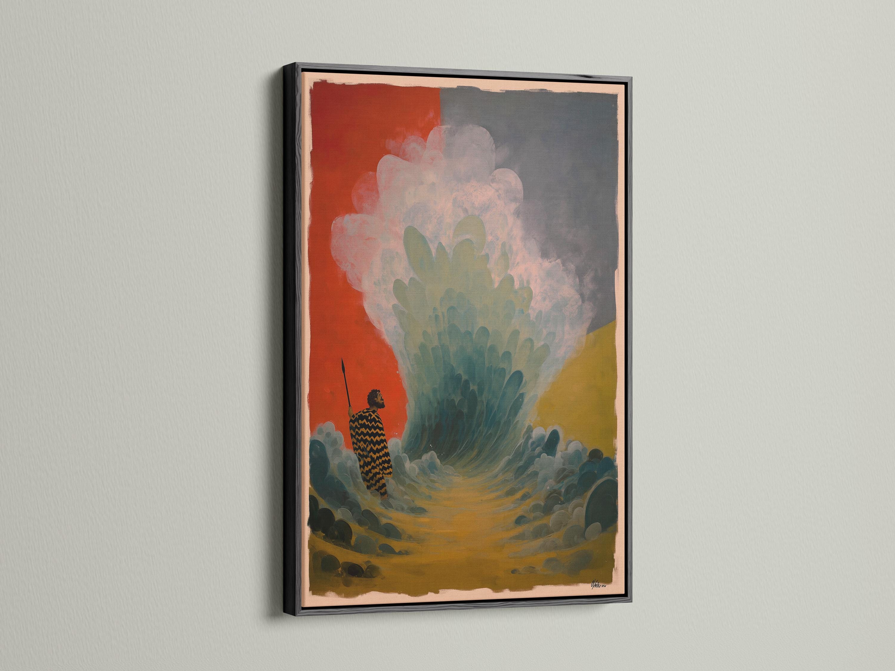 Room mockup with a portrait framed artwork featuring a patterned figure holding a staff in teal and terracotta tones
