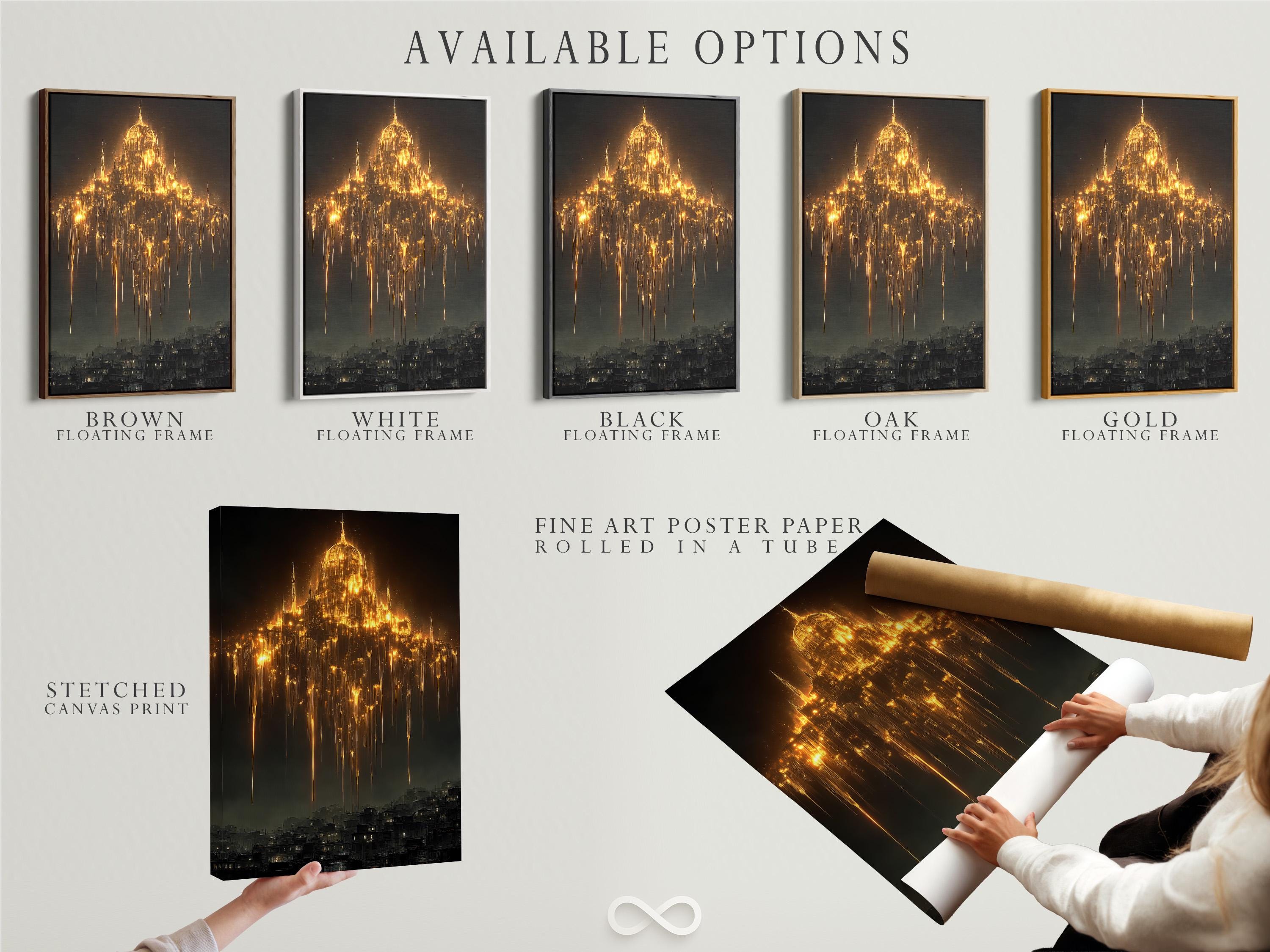 Glowing golden cathedral-like tower above a dark city skyline with cascading light streaks detail view