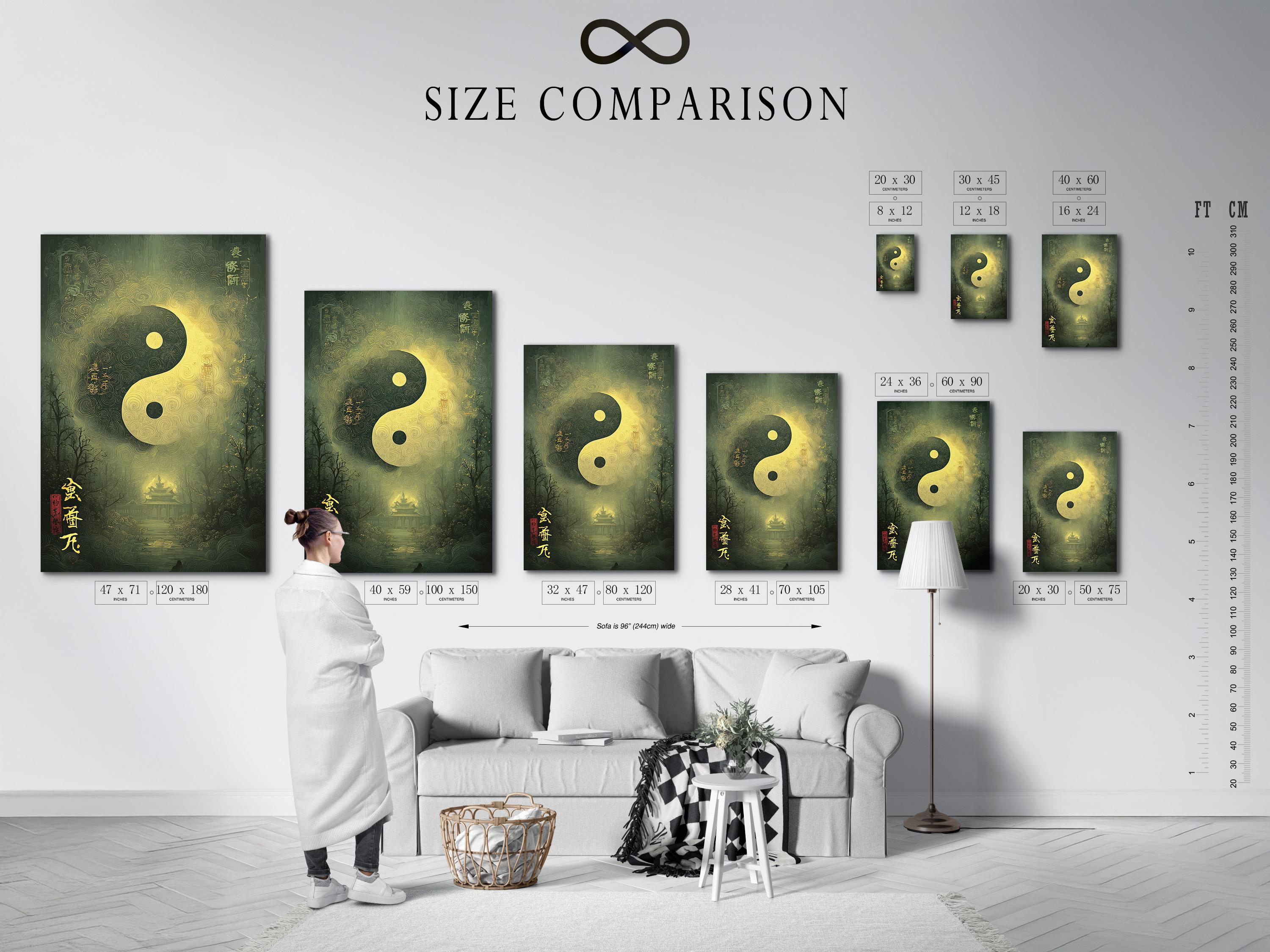 Green and gold yin-yang symbol with swirling patterns over a misty forest background detail view