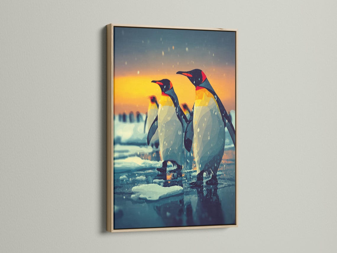Two stylised penguins standing on an icy landscape under a sunset sky detail view