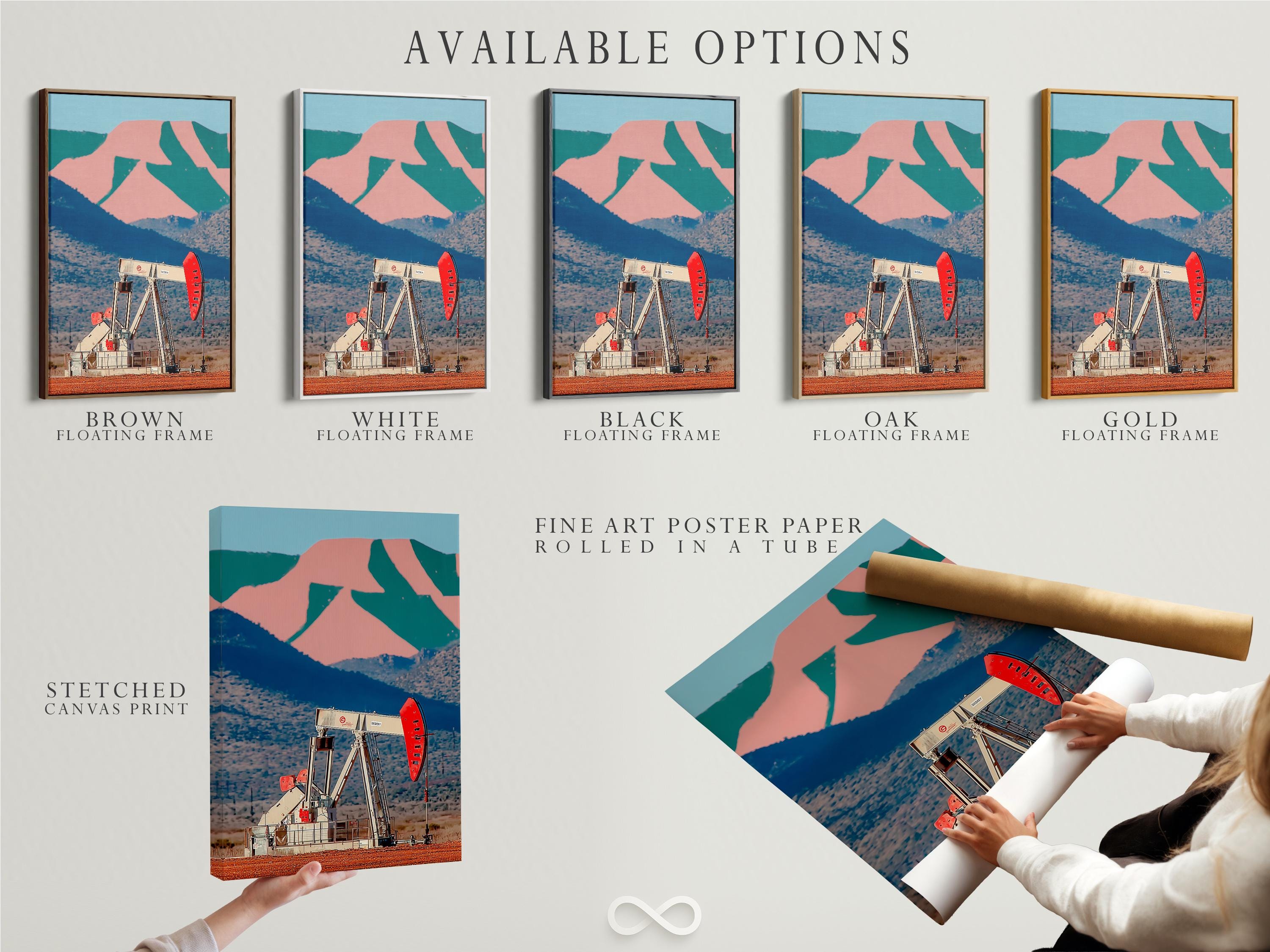 Retro oil pump rig artwork in a desert landscape with blue hills and pink rocks detail view