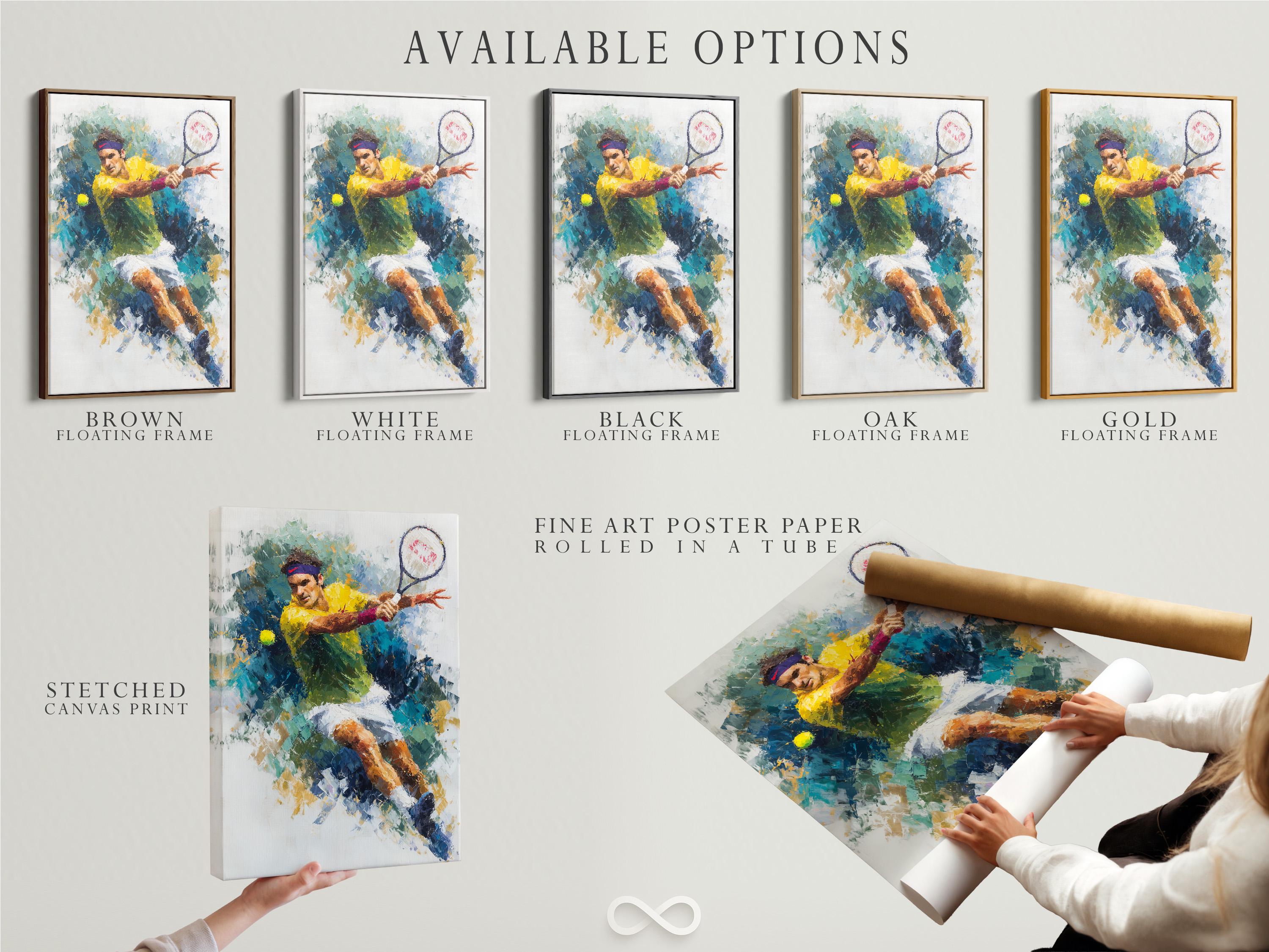 Abstract tennis player artwork in blue, teal, green and yellow with a sweeping racket arc detail view