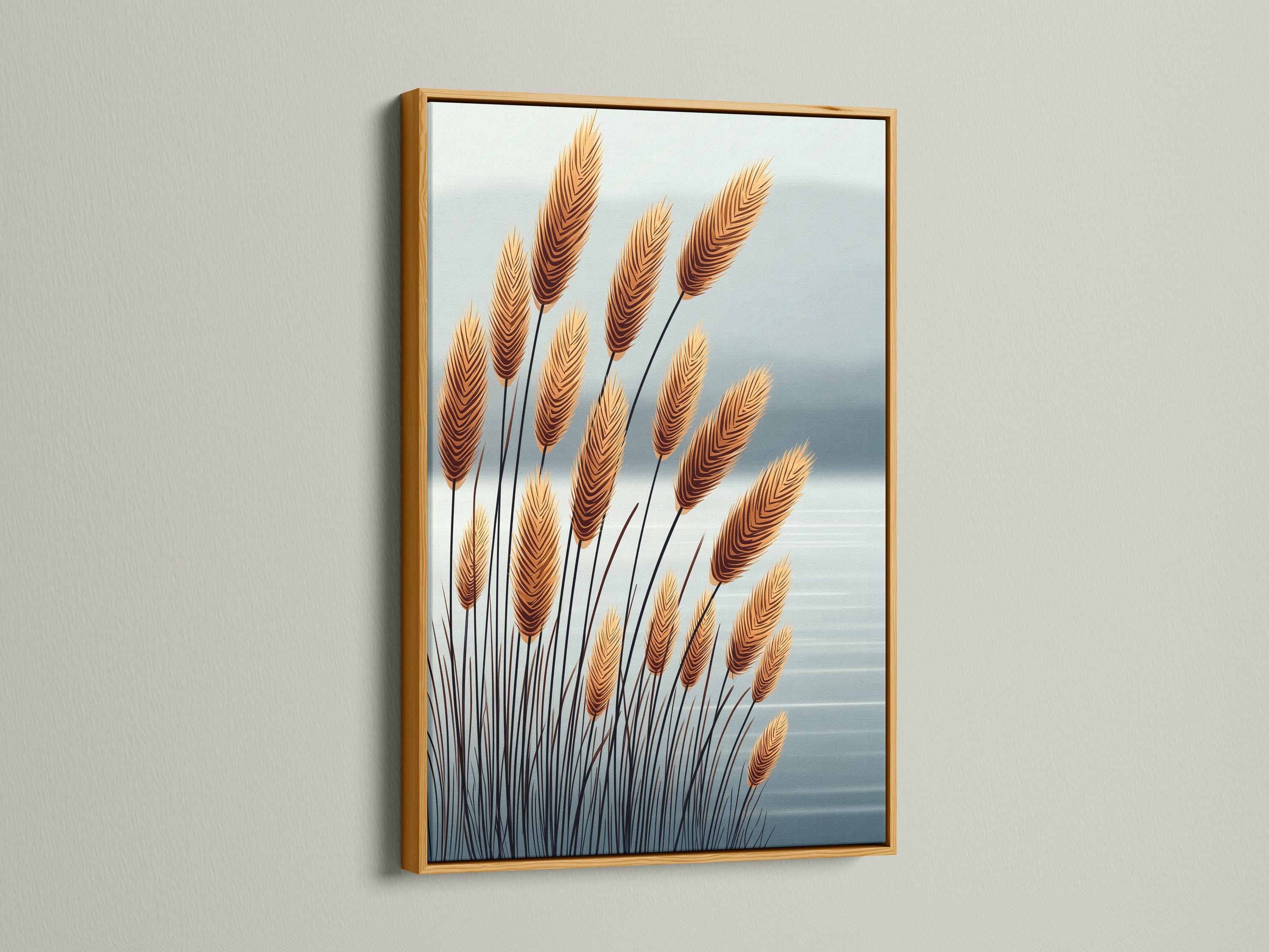 A decorative scene of tall golden wheat plumes with dark stems rises against a pale blue sky-like background with soft horizon shading detail view