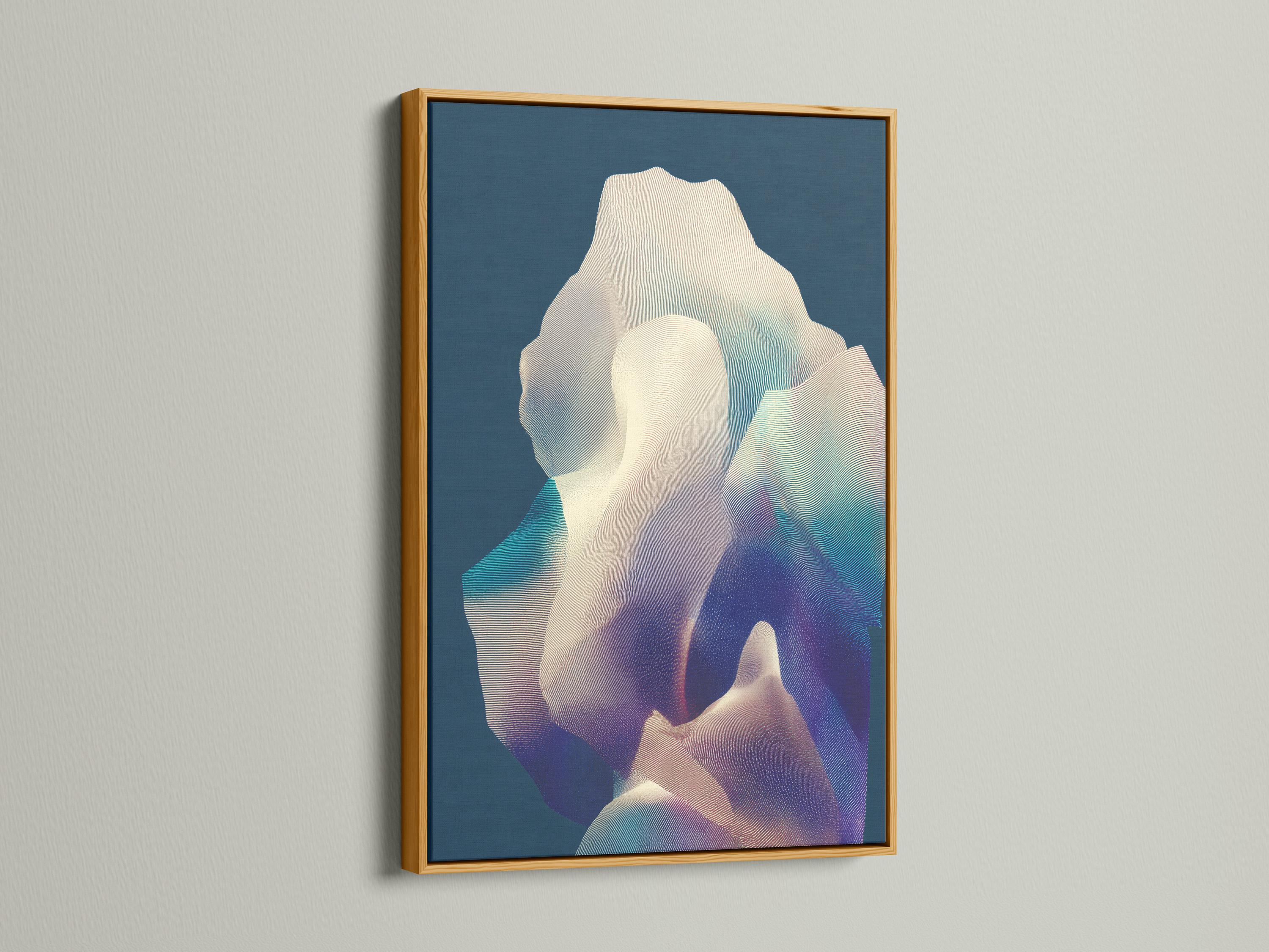 Room mockup showing navy blue abstract artwork on a wall with several frame options nearby