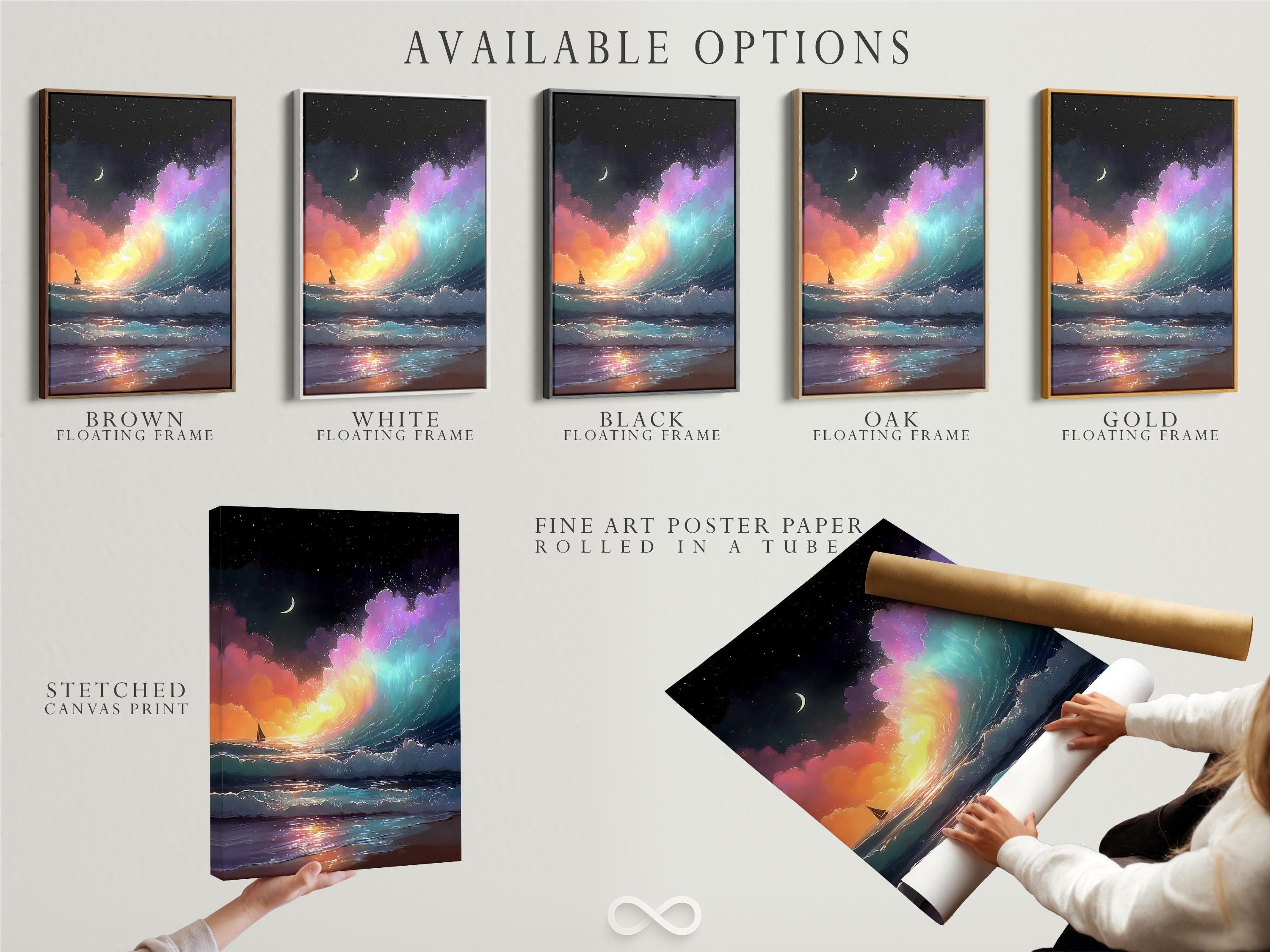 Starry night ocean with crescent moon, glowing teal and purple waves and a sailboat detail view