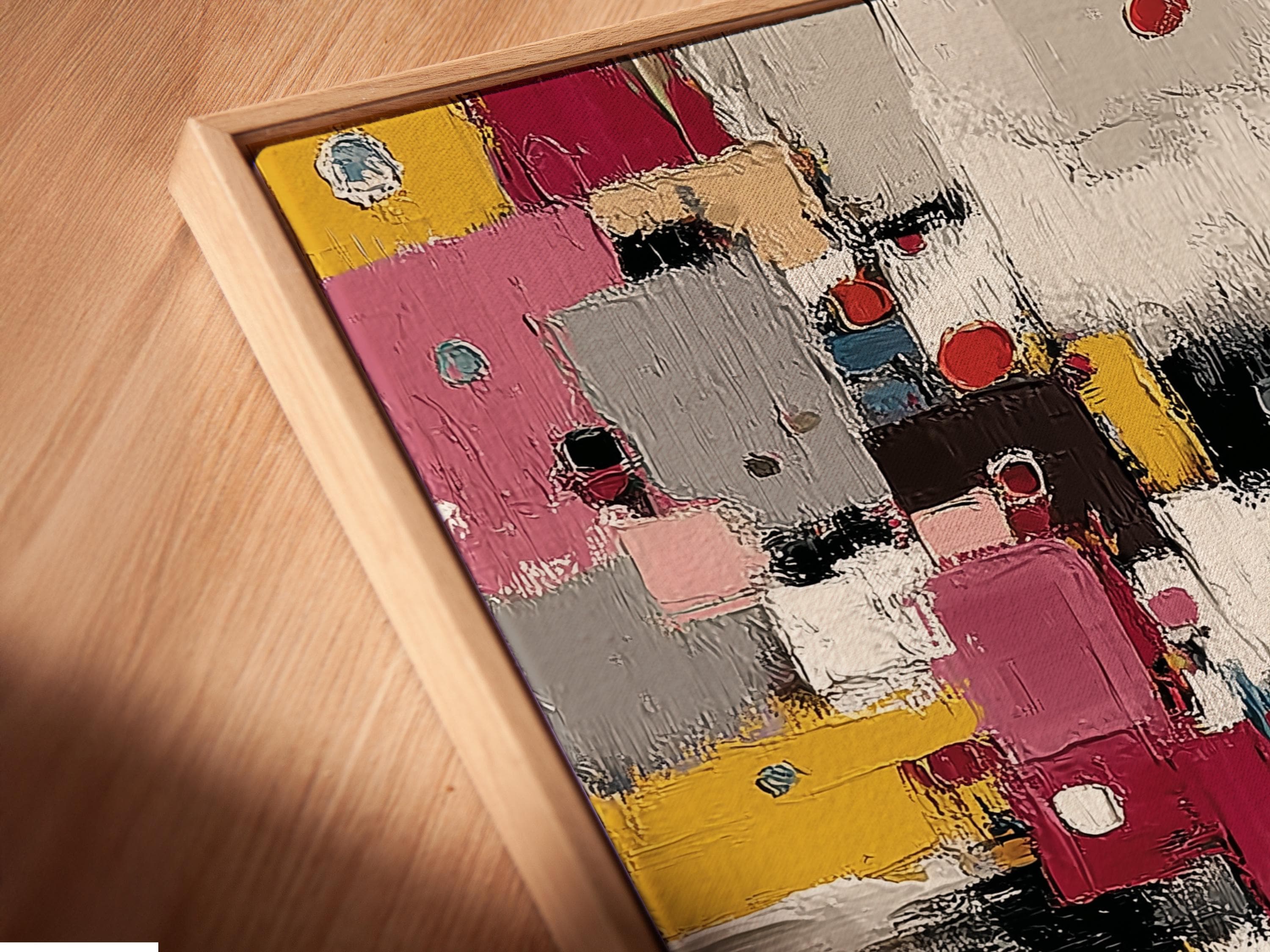 Textured abstract artwork with layered geometric blocks in pink, yellow, grey and black detail view