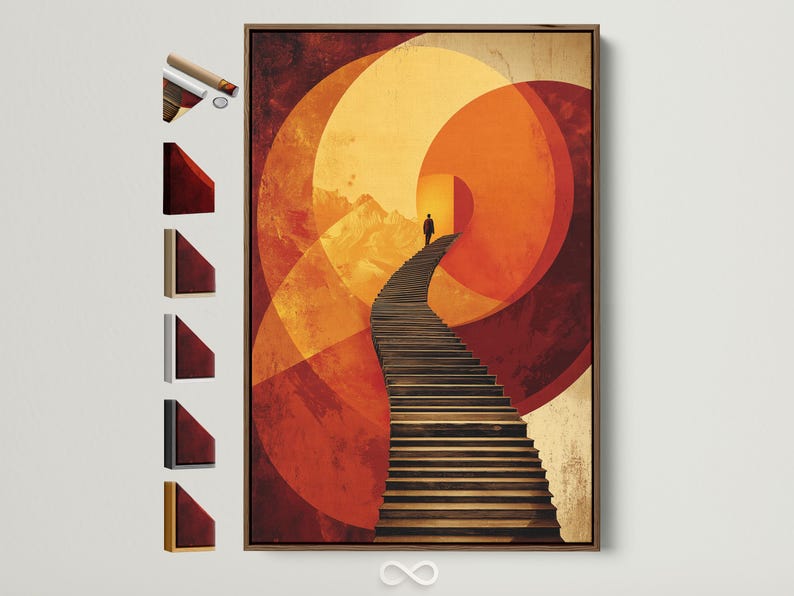 Warm orange and gold geometric arch artwork with a diagonal staircase and a dark silhouetted figure