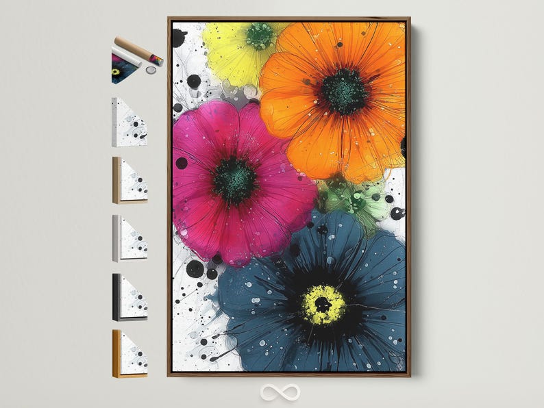 A vibrant, painterly floral composition shows three large stylised flowers with dark centres over white splatter-like backgrounds in pink, orange