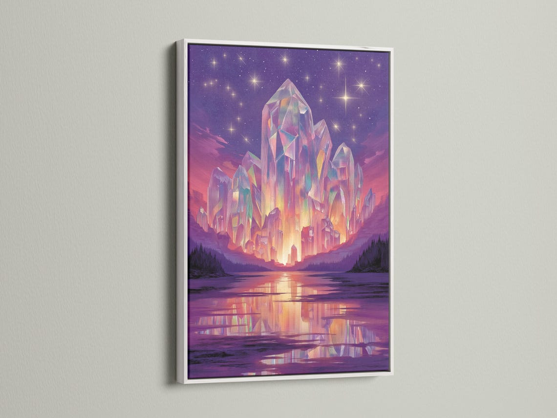 Purple crystal mountain landscape with a starry sky and reflective lake detail view