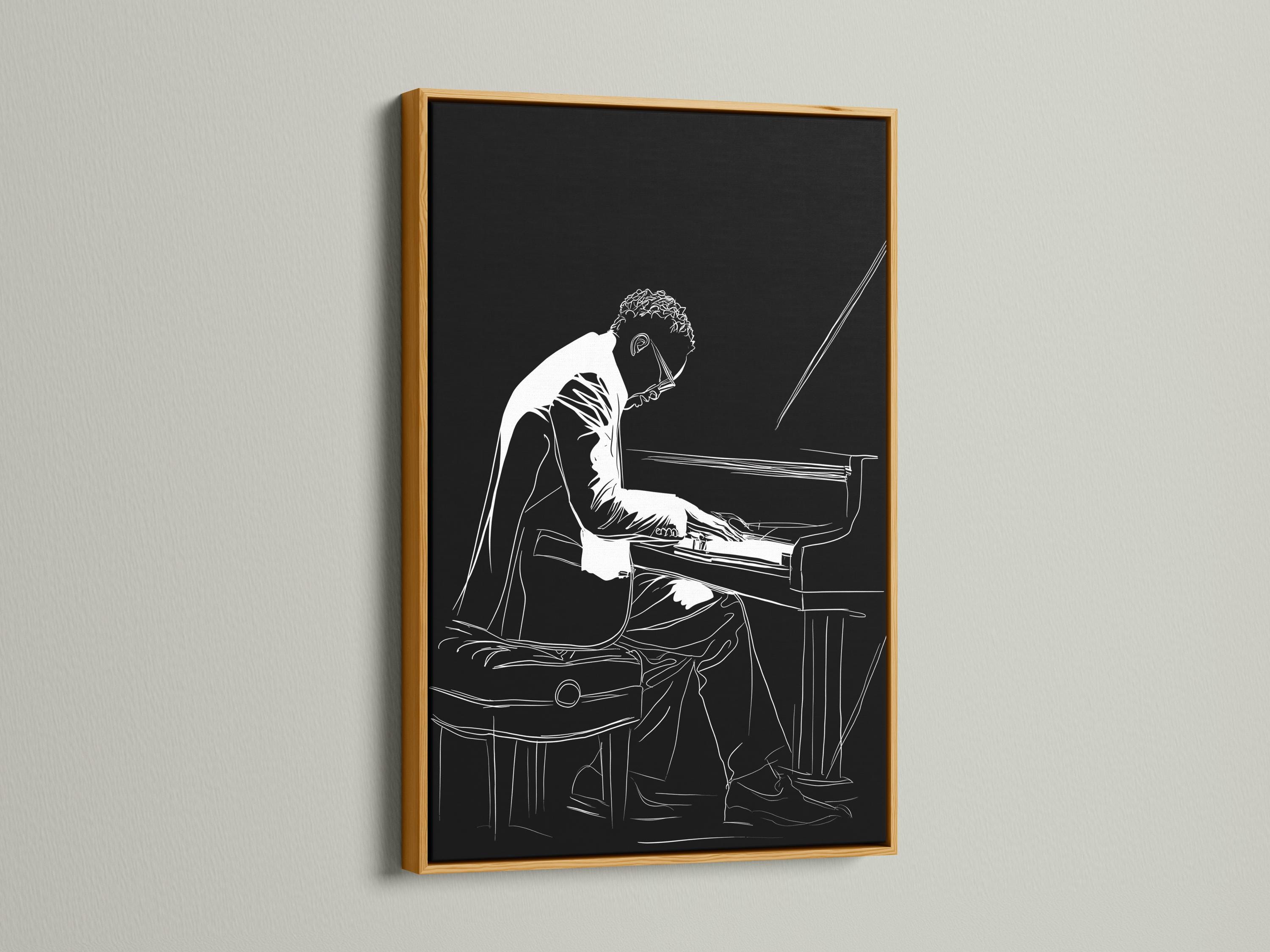 Black and white line drawing of a pianist playing an upright piano detail view