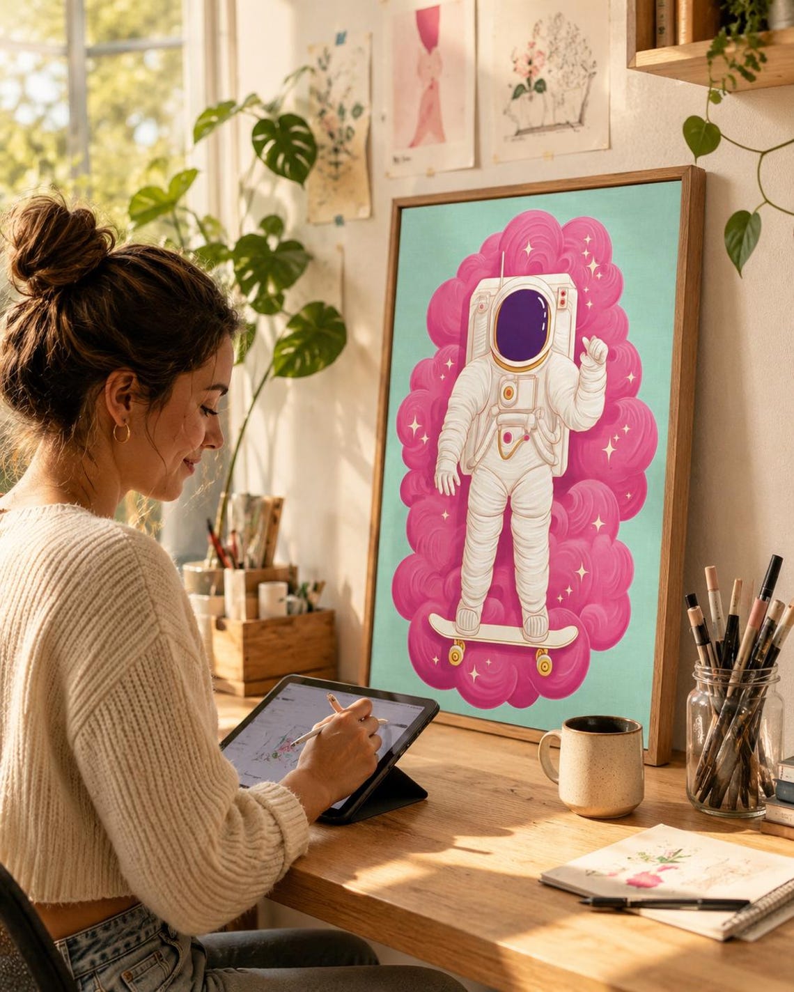 Cartoon astronaut standing on a skateboard with a hot pink cloud swirl background detail view