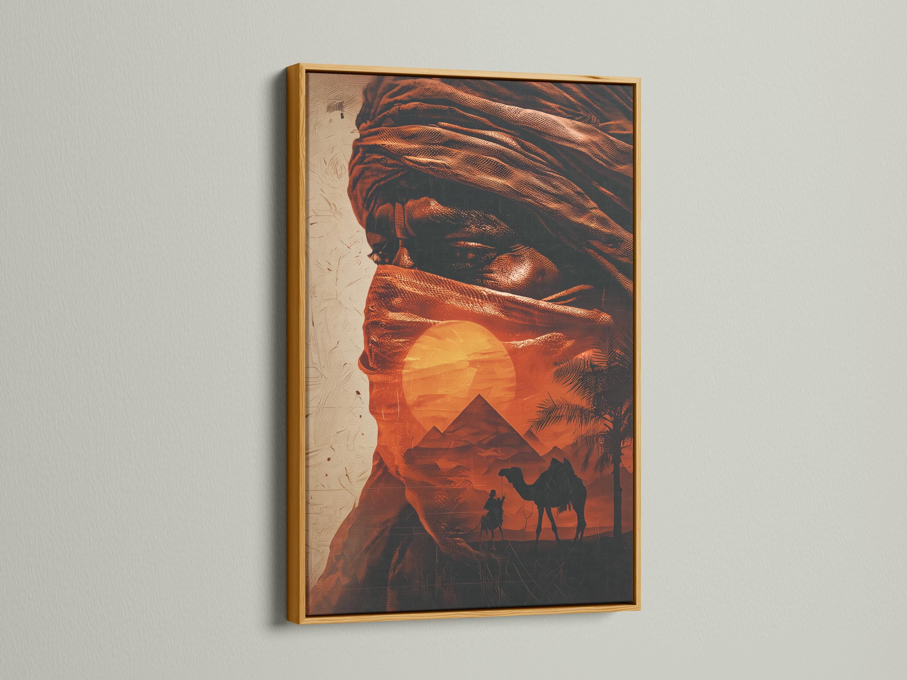 Desert camel caravan scene with a nomad figure, pyramids and palm fronds at sunset detail view