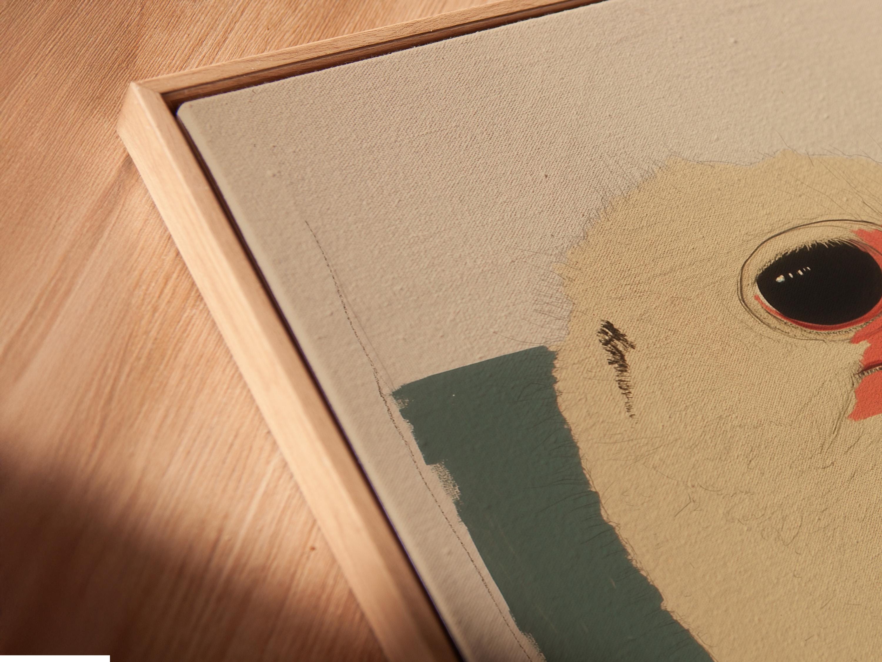 Stylised ostrich head portrait with red beak, dark eye, beige and teal shapes detail view