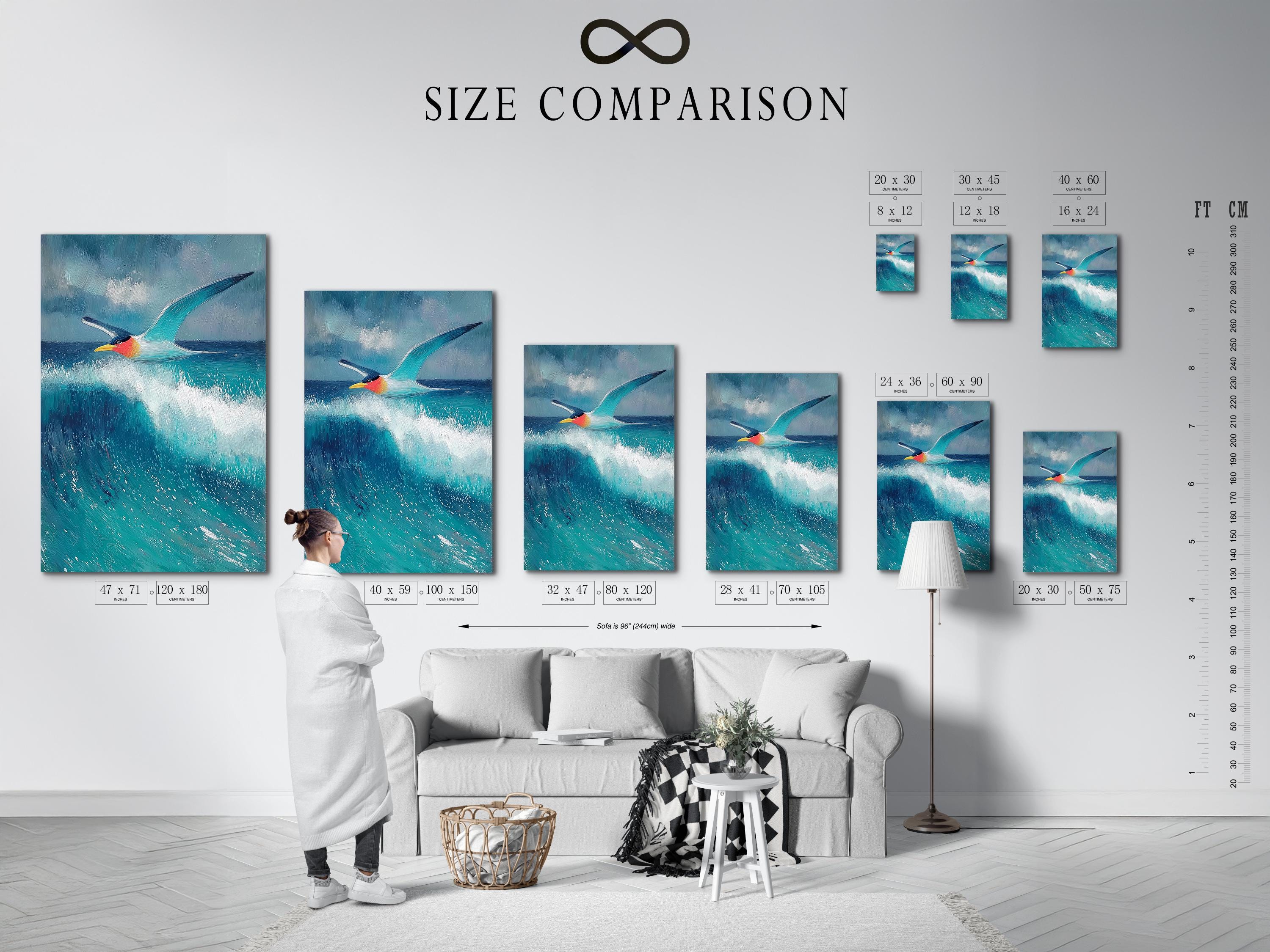 Seagull flying over blue and turquoise waves with foamy white highlights detail view