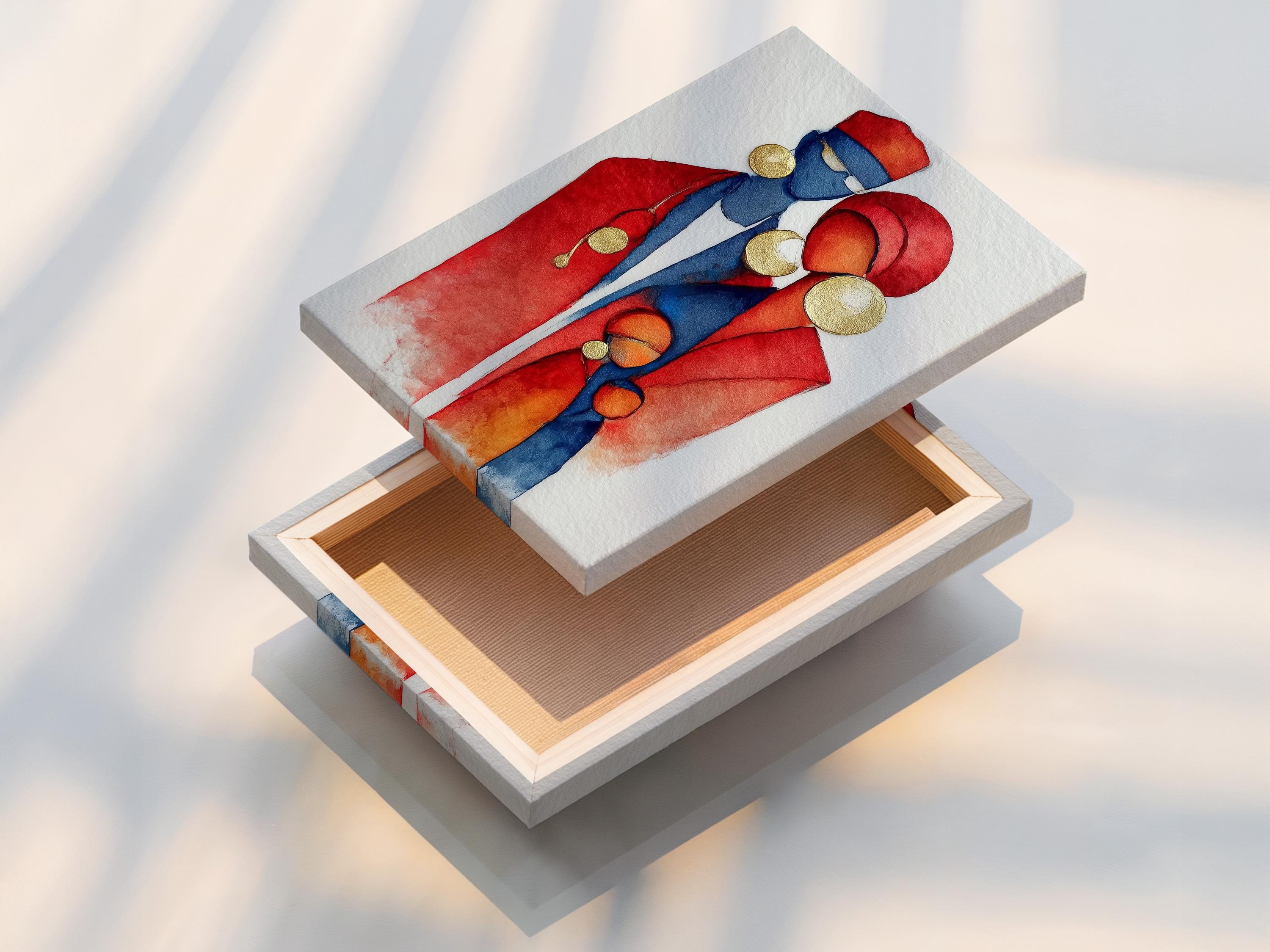 Red and blue doctor figures with gold accents in a watercolor style illustration on a light background detail view
