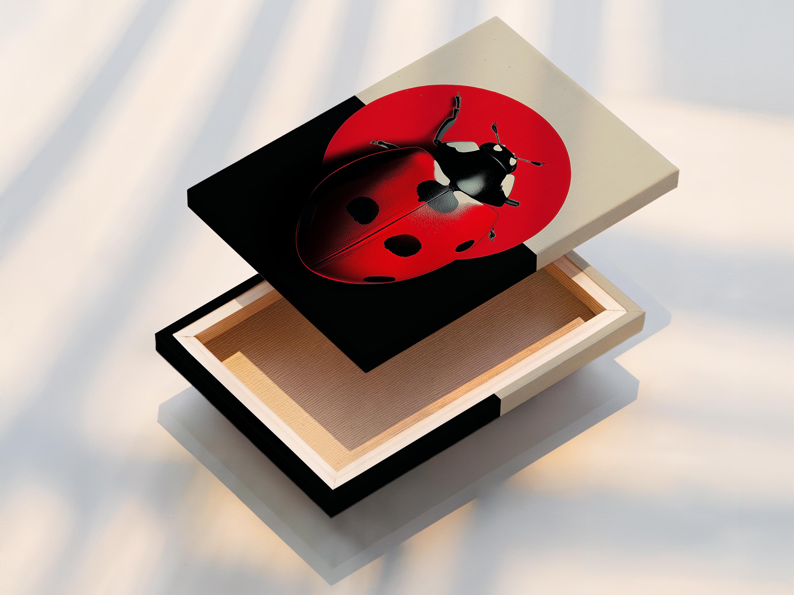 Room mockup showing a framed ladybug artwork on a light wall