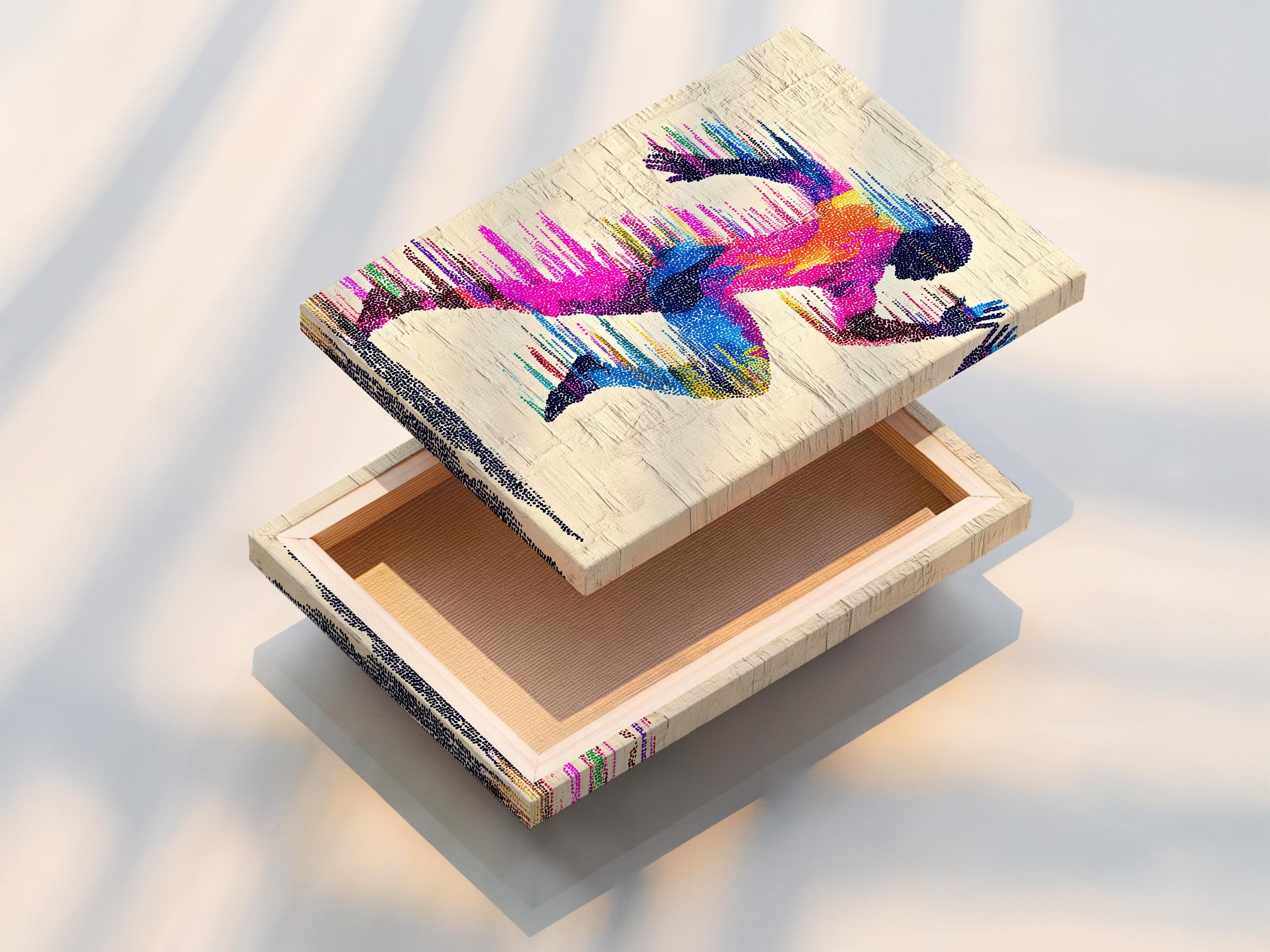 A colour-dotted silhouette of a runner stretches across a textured off-white background, with flowing striped motion lines in bright magenta, blue