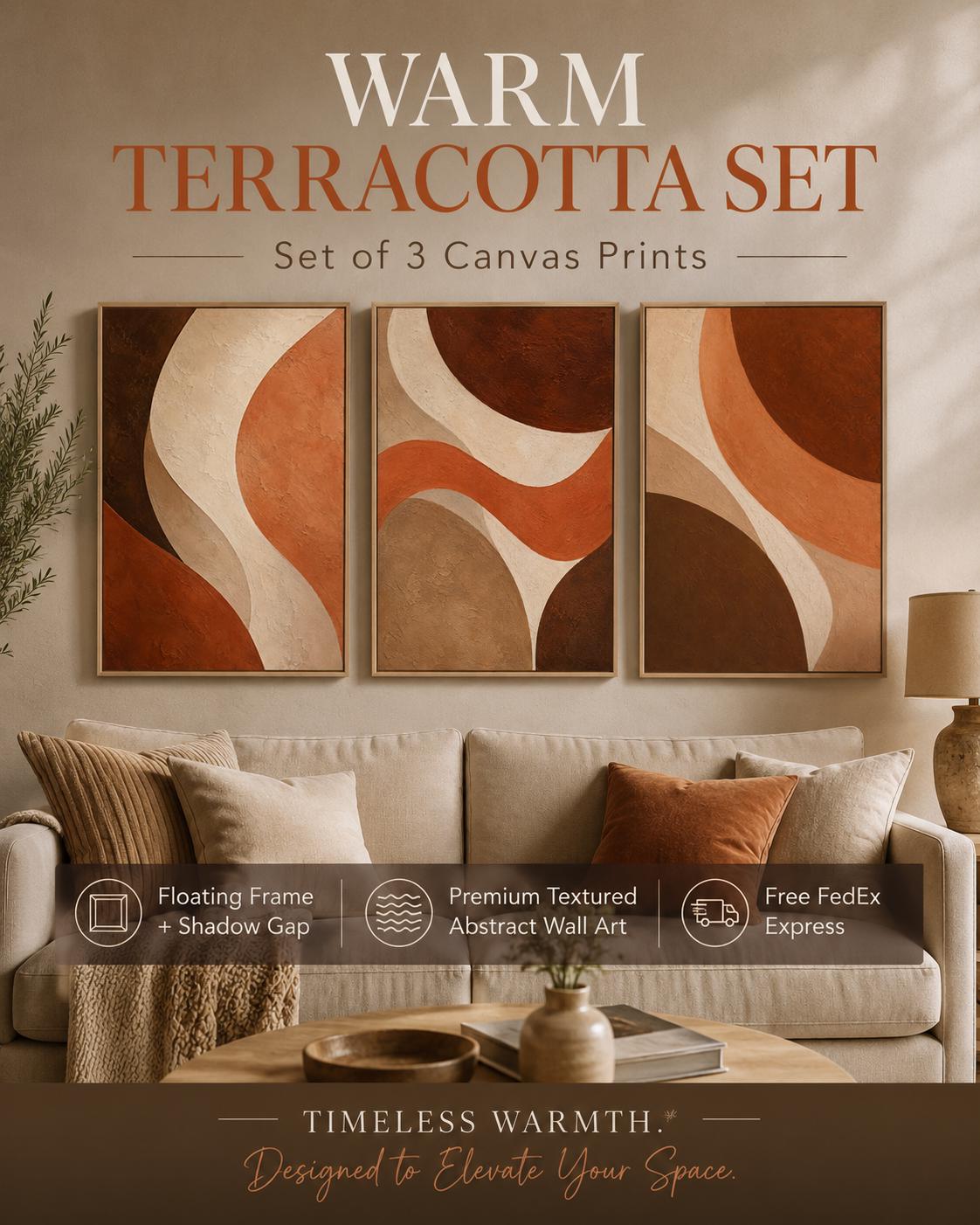 Living room mockup with three terracotta and beige abstract panels above a sofa