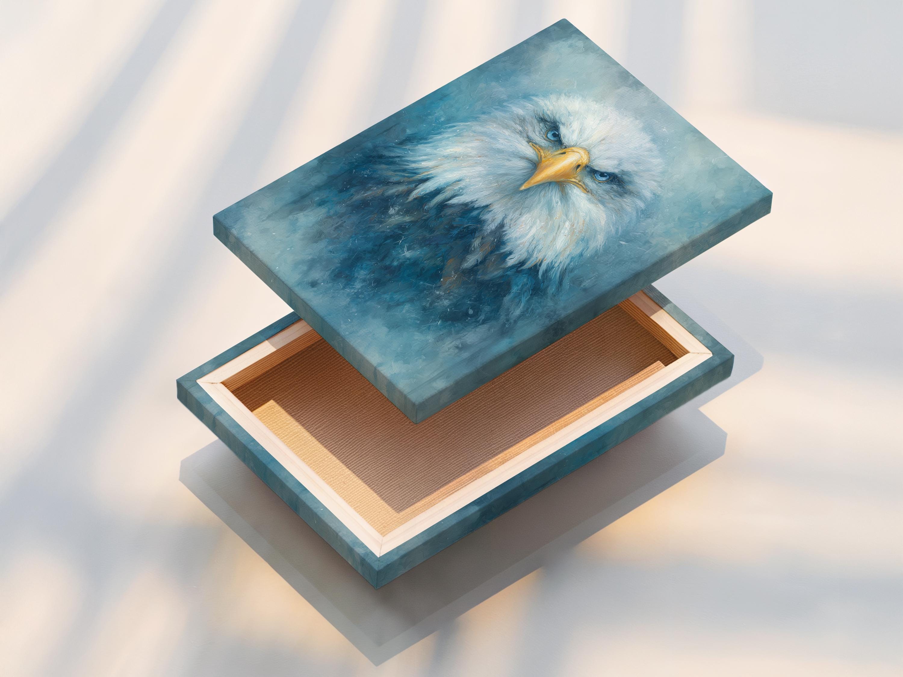 Blue and gold eagle portrait with radiating feathers on a textured teal background detail view