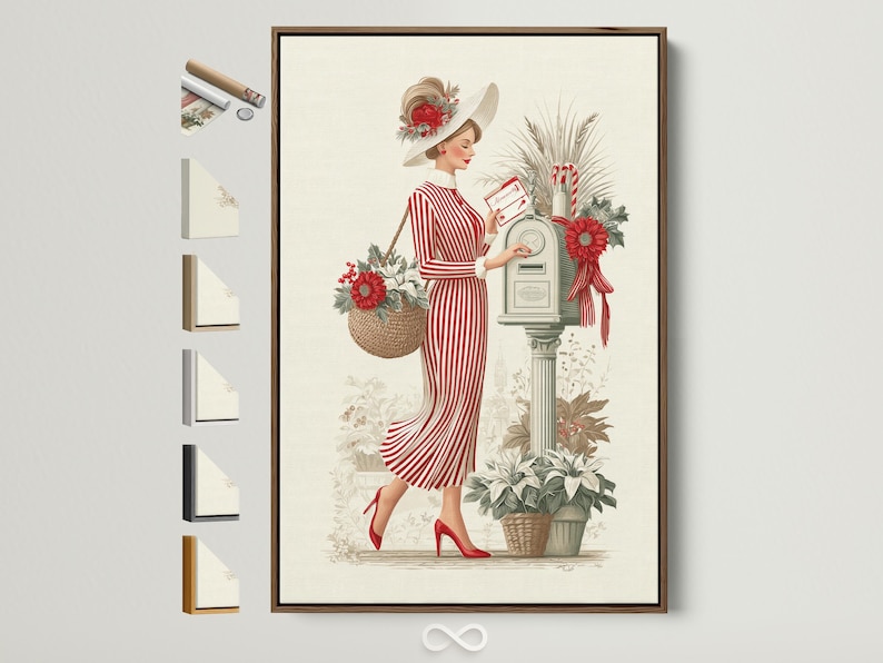 Vintage lady illustration in a red striped dress with a floral hat beside a vase of red flowers