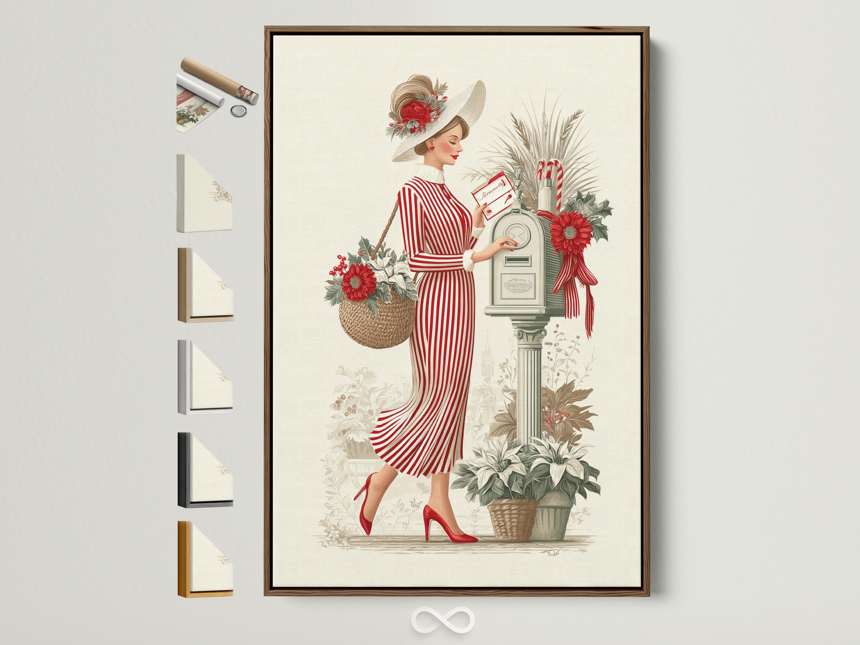 Vintage lady illustration in a red striped dress with a floral hat beside a vase of red flowers