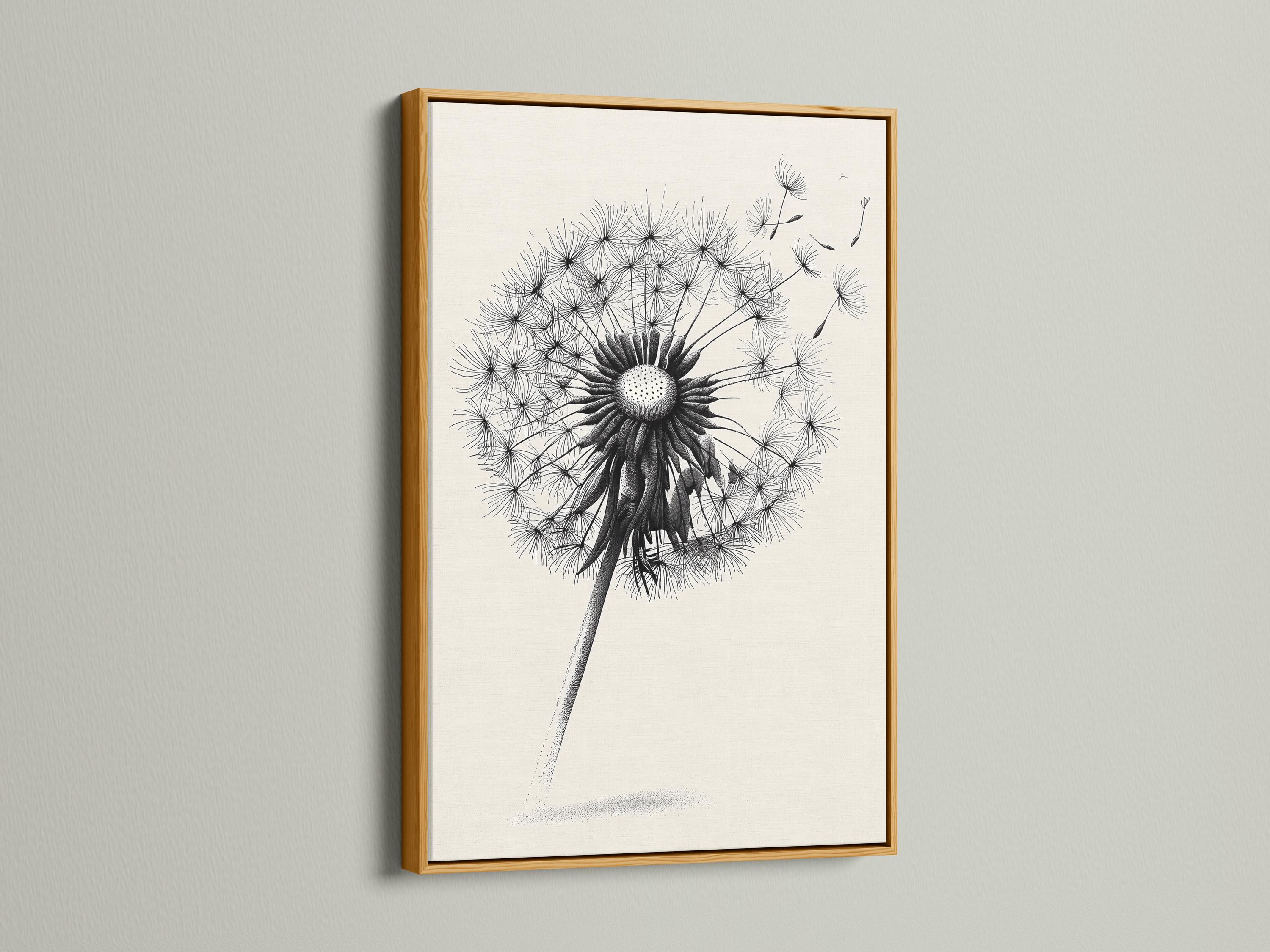 Minimalist black and white dandelion line illustration on a light background detail view