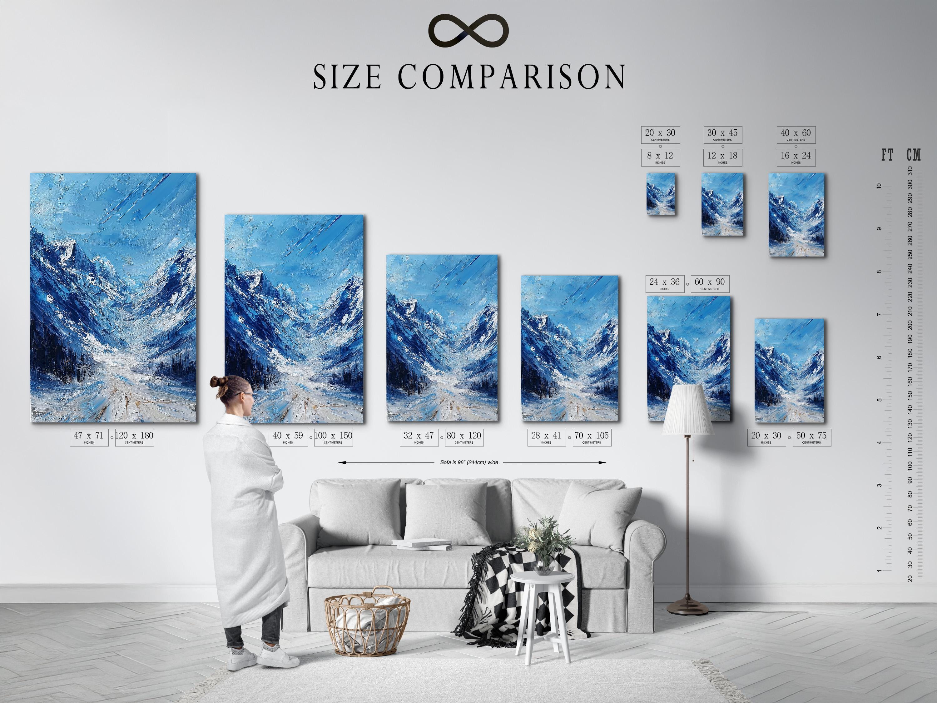 Textured blue winter mountain landscape painting with snowy peaks and valleys detail view