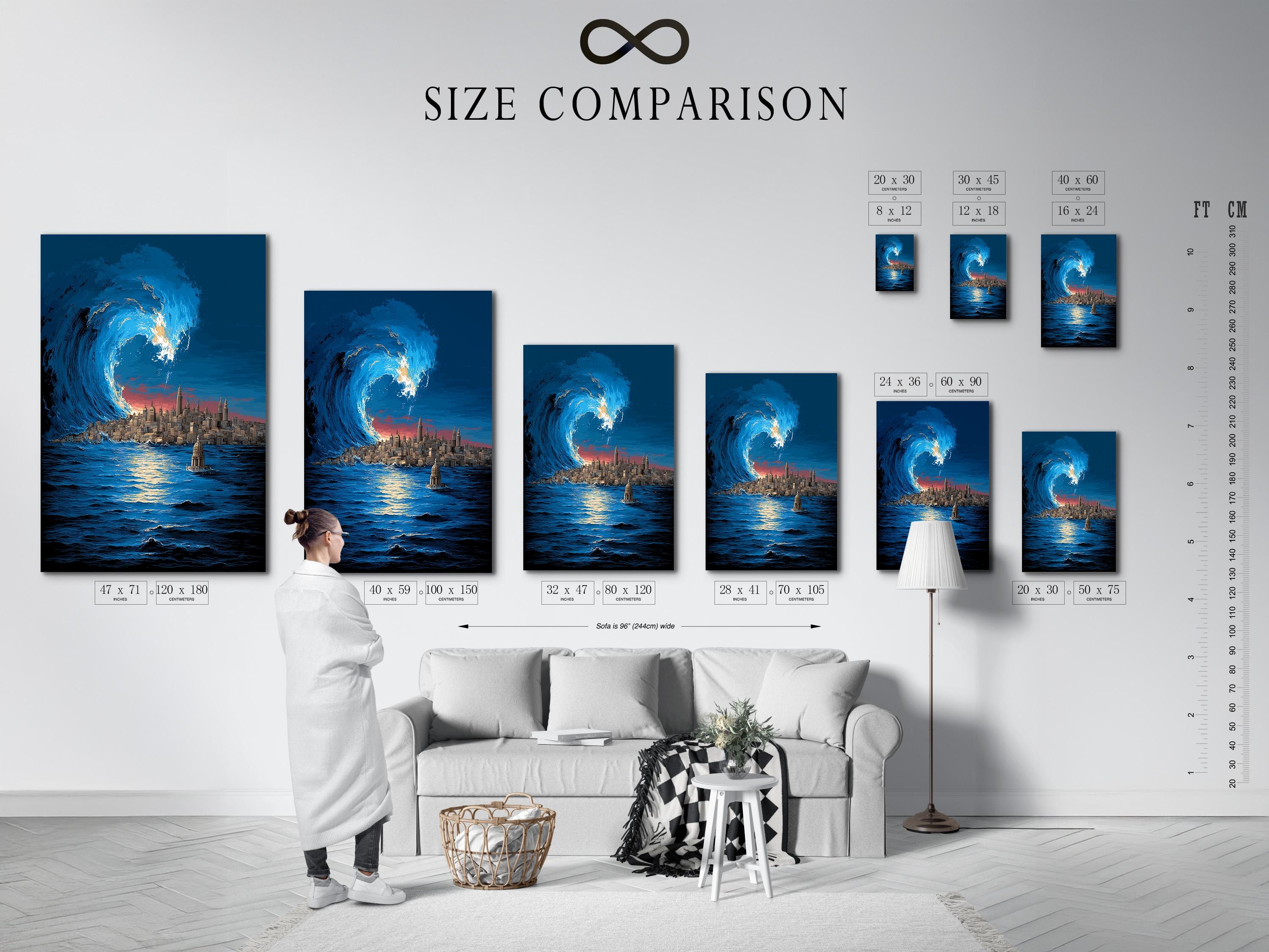 Coastal cityscape artwork in a framed wall mockup showing a large blue wave and skyline